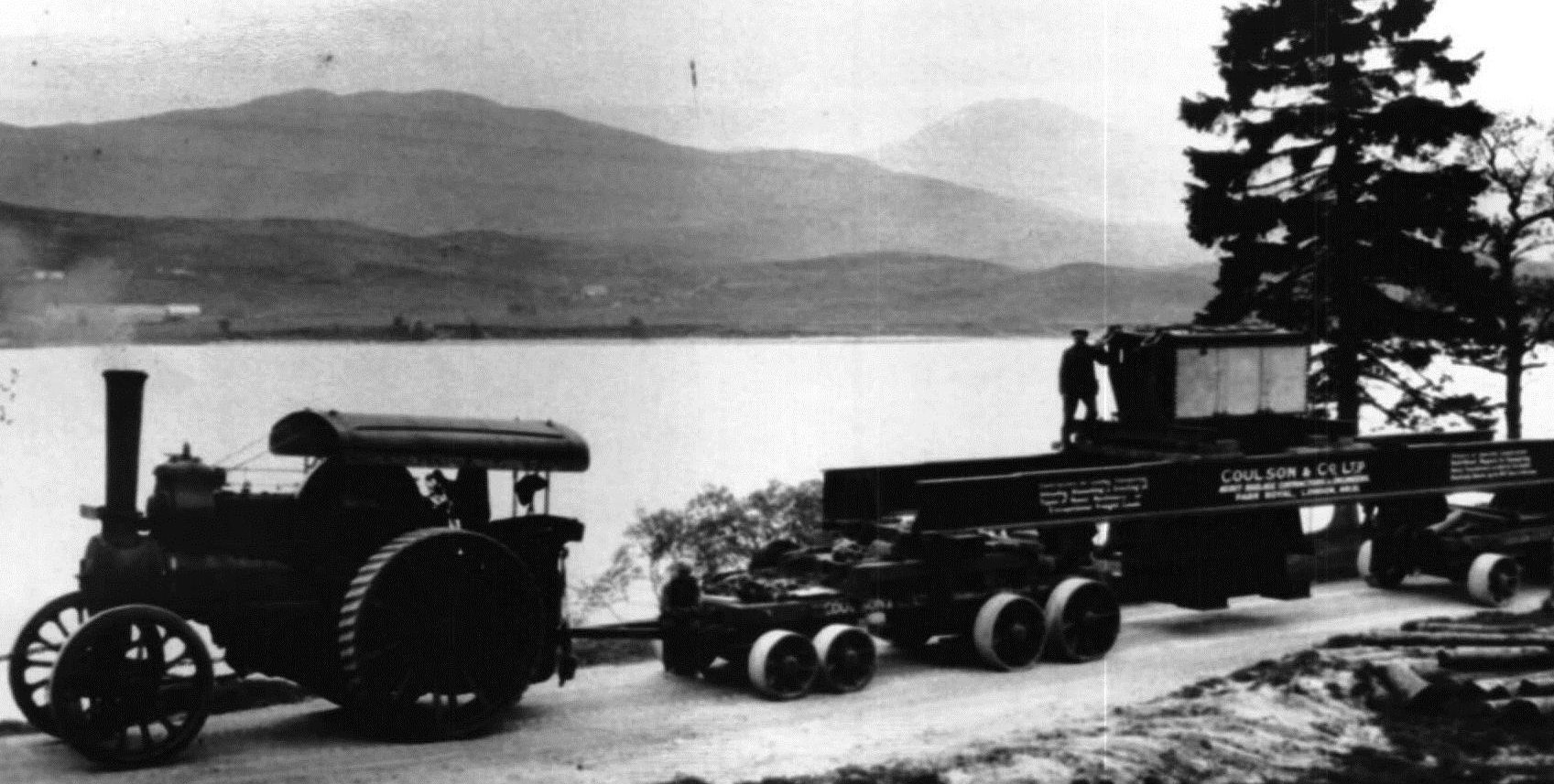 A steam engine delivers a transformer to Rannoch in the 1930s.
