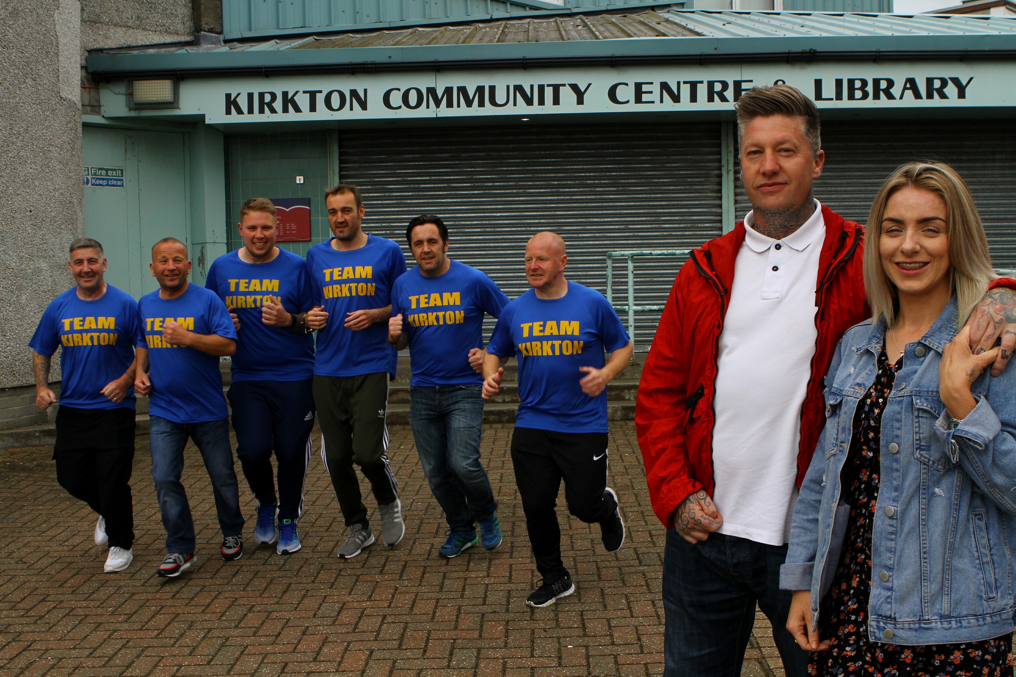 Scott Connelly, Mark Henderson, Drew Murdoch, Paul Boyle, Craig McCabe and Andy McDermott, with Harlow's parents Sara and Steven Edwards.