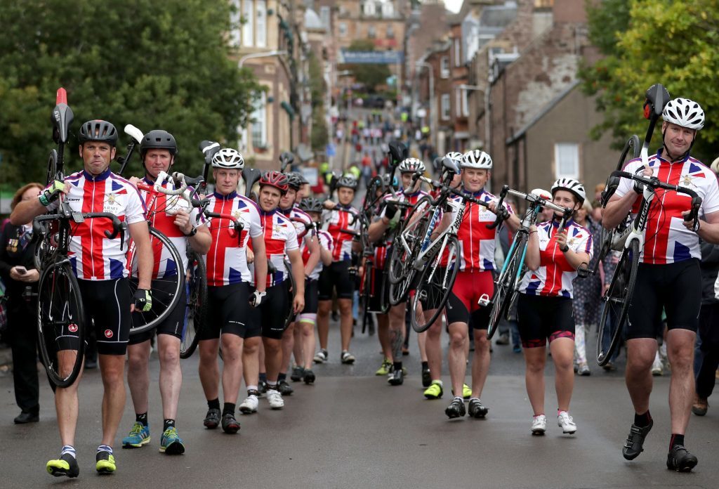 A group of cyclists from The Royal Regiment of Scotland Black Watch (3 SCOTS) who cycled more than 600 miles to Passchendaele, take part in a parade and service in Crieff, Perthshire.