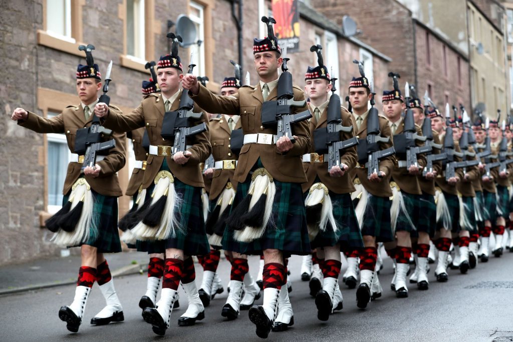 Soldiers from The Royal Regiment of Scotland Black Watch (3 SCOTS) march.
