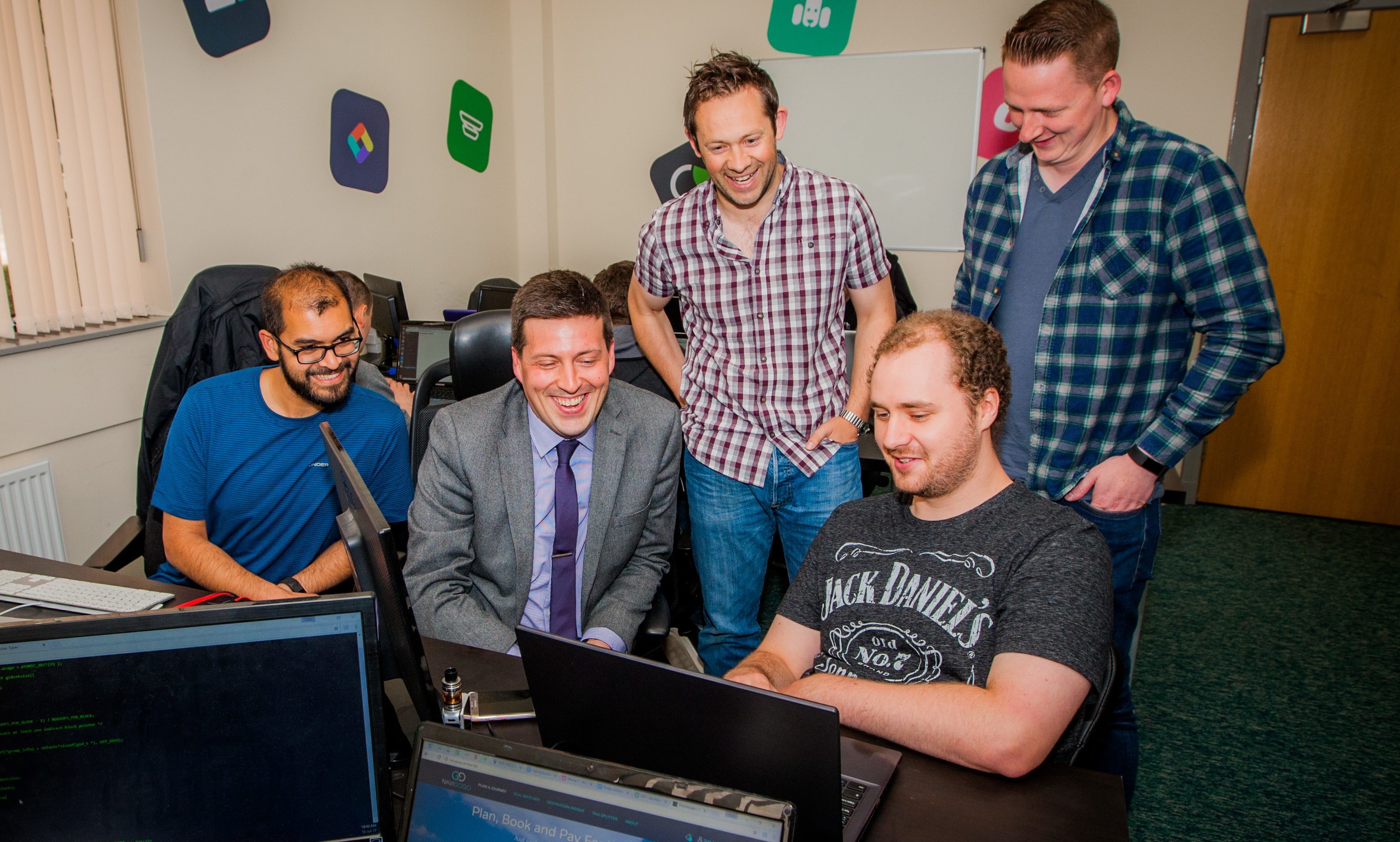 Employability and training minister Jamie Hepburn views work of the Developing the Young Workforce Fife by meeting local employers. Picture shows, left to right, Serene Rajkarnikar, Jamie Hepburn MSP, Chris Reed, Connor Cockburn and Dwain Maxwell of Ember Technology.