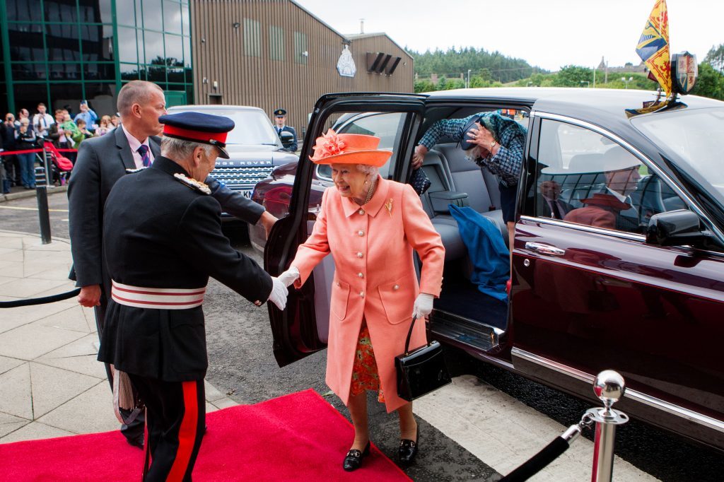 The Queen is greeting by The Lord Lieutenant of Perth and Kinross, Brigadier Mel Jameson.