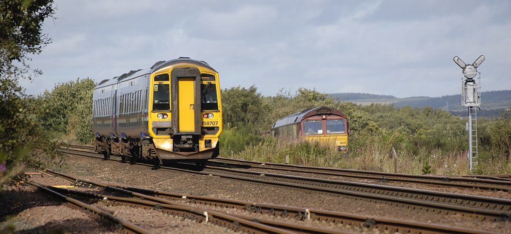 A freight train in 2012 joining the east coast main line at Thornton from the Leven branch line.