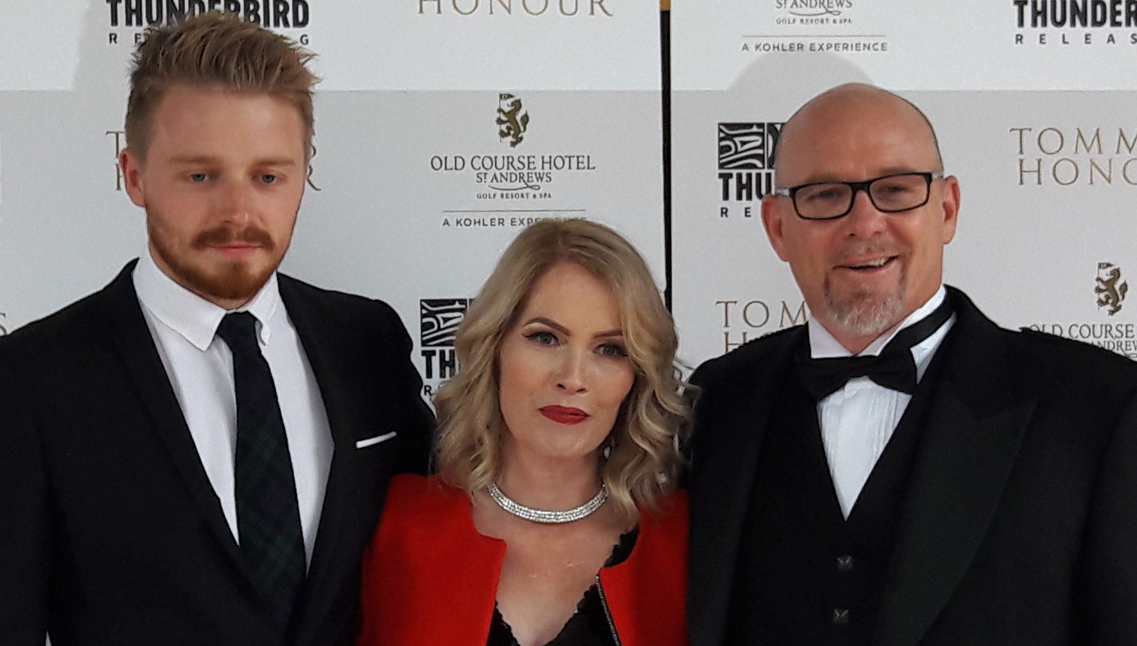 Jack Lowden, Therese and Jason Connery are pictured on the red carpet at the UK premiere of Tommy's Honour at the NPH Cinema in St Andrews