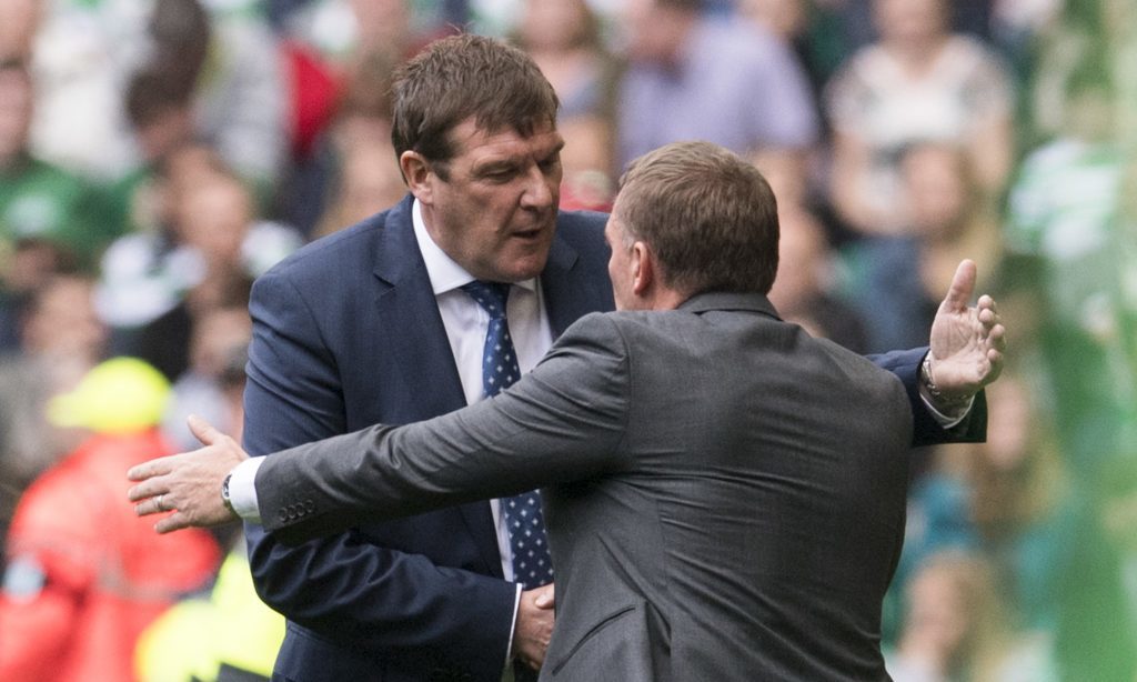 St Johnstone manager Tommy Wright with Celtic manager Brendan Rodgers at full-time