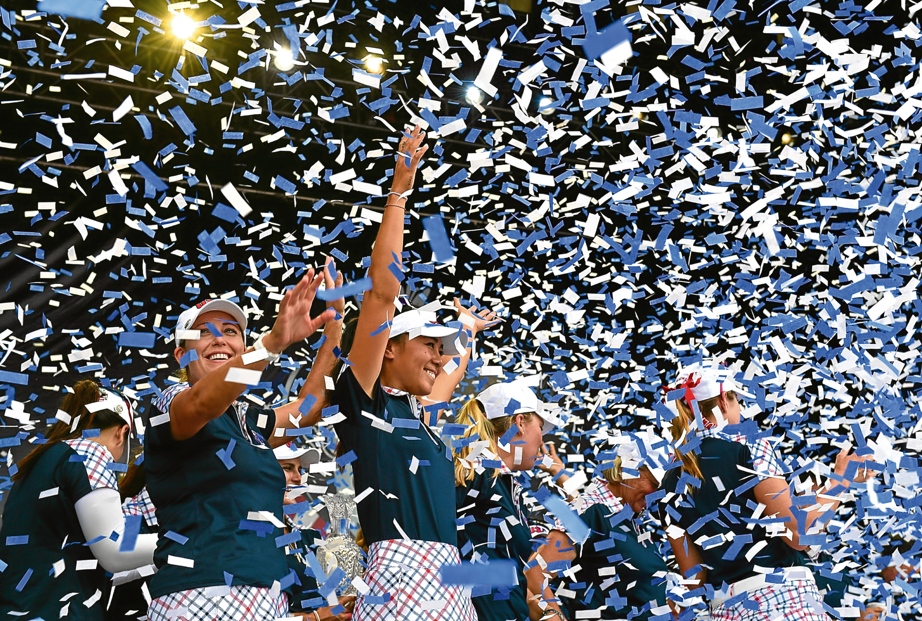 The triumphant American team celebrate at 2016's Solheim Cup closing ceremony.