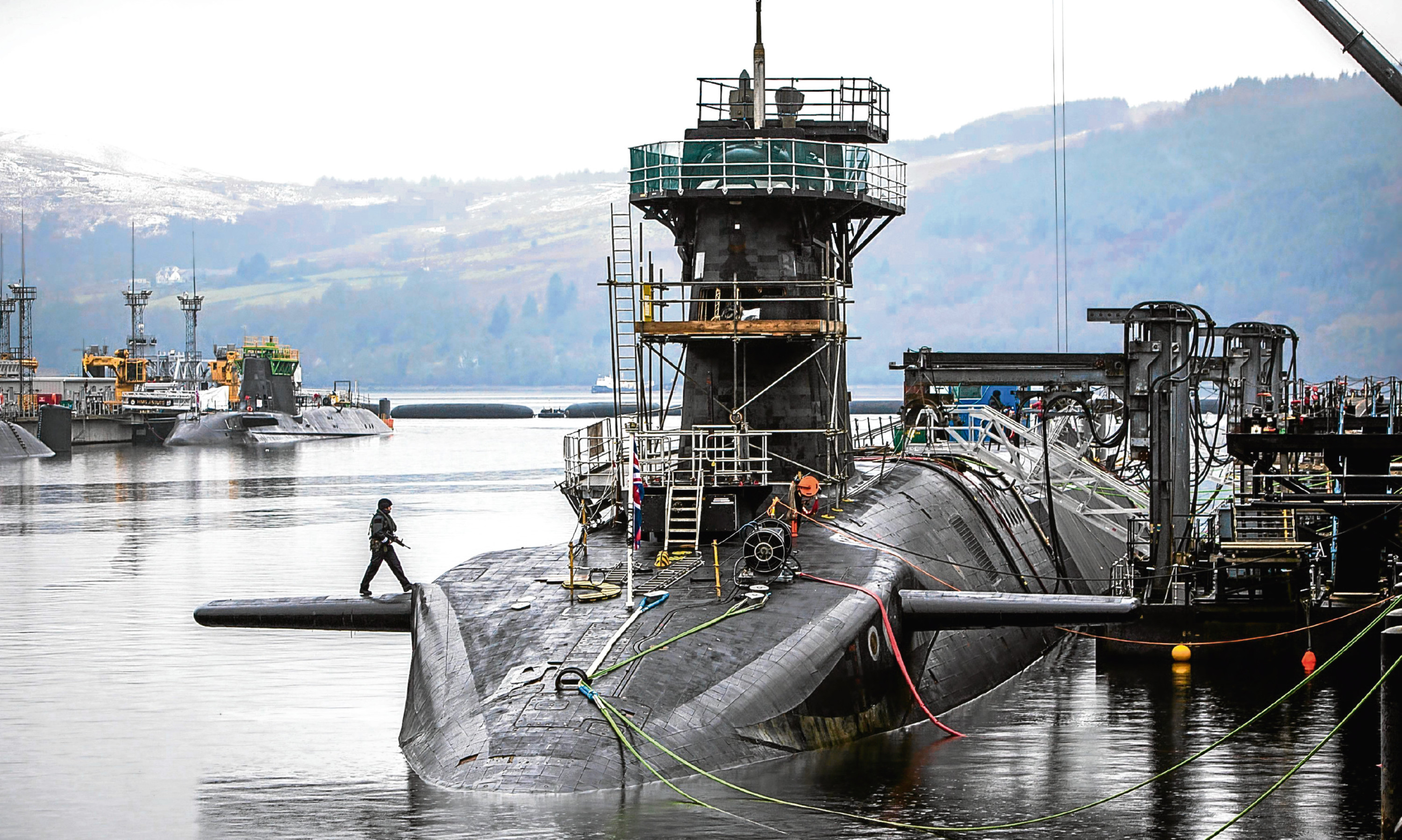 Vanguard-class submarine HMS Vigilant, one of the UK's four nuclear warhead-carrying submarines, at HM Naval Base Clyde, also known as Faslane.