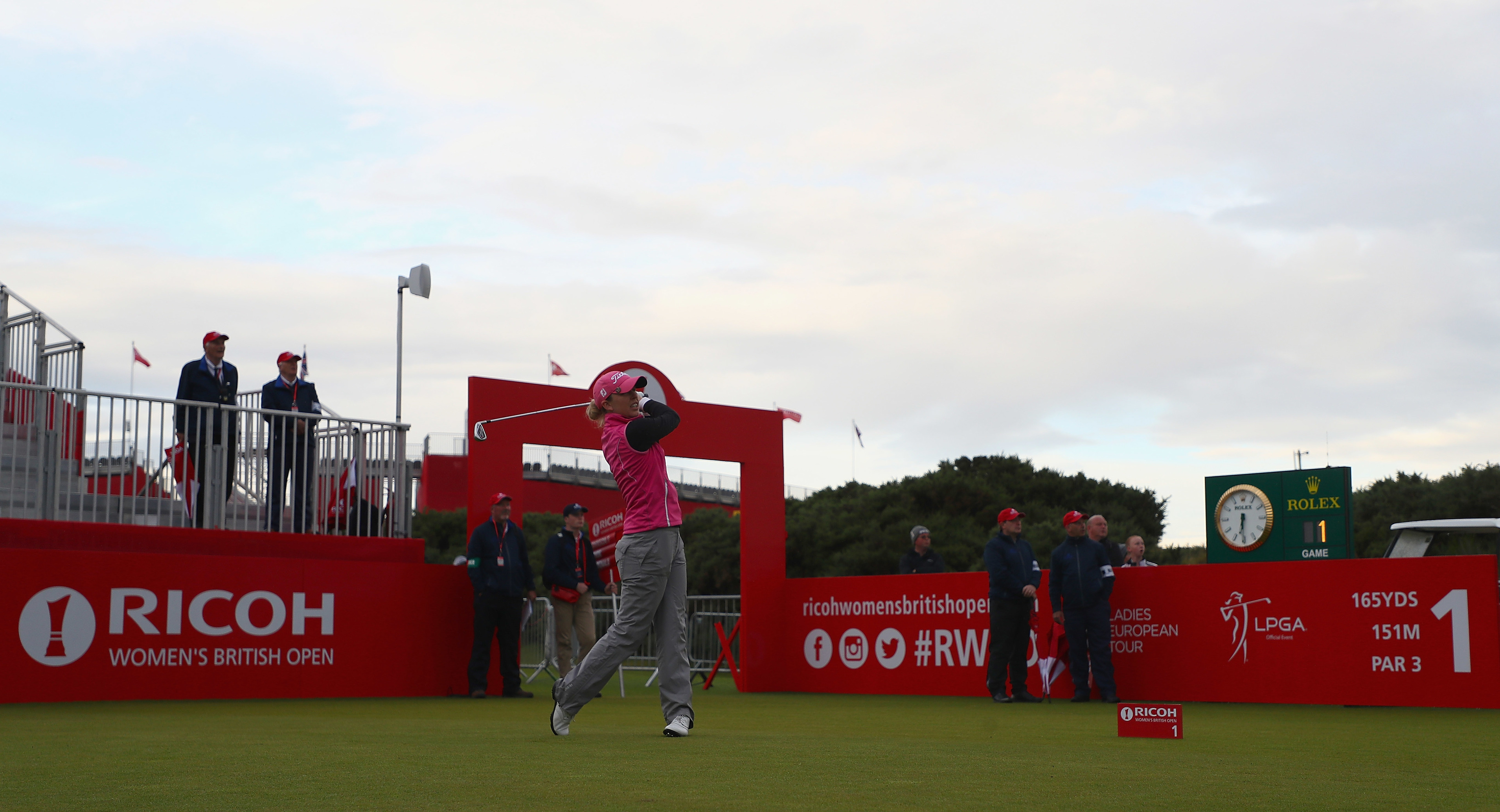 Sally Watson of Scotland hits the first blow of the Ricoh Women's British Open at Kingsbarns in her final event.