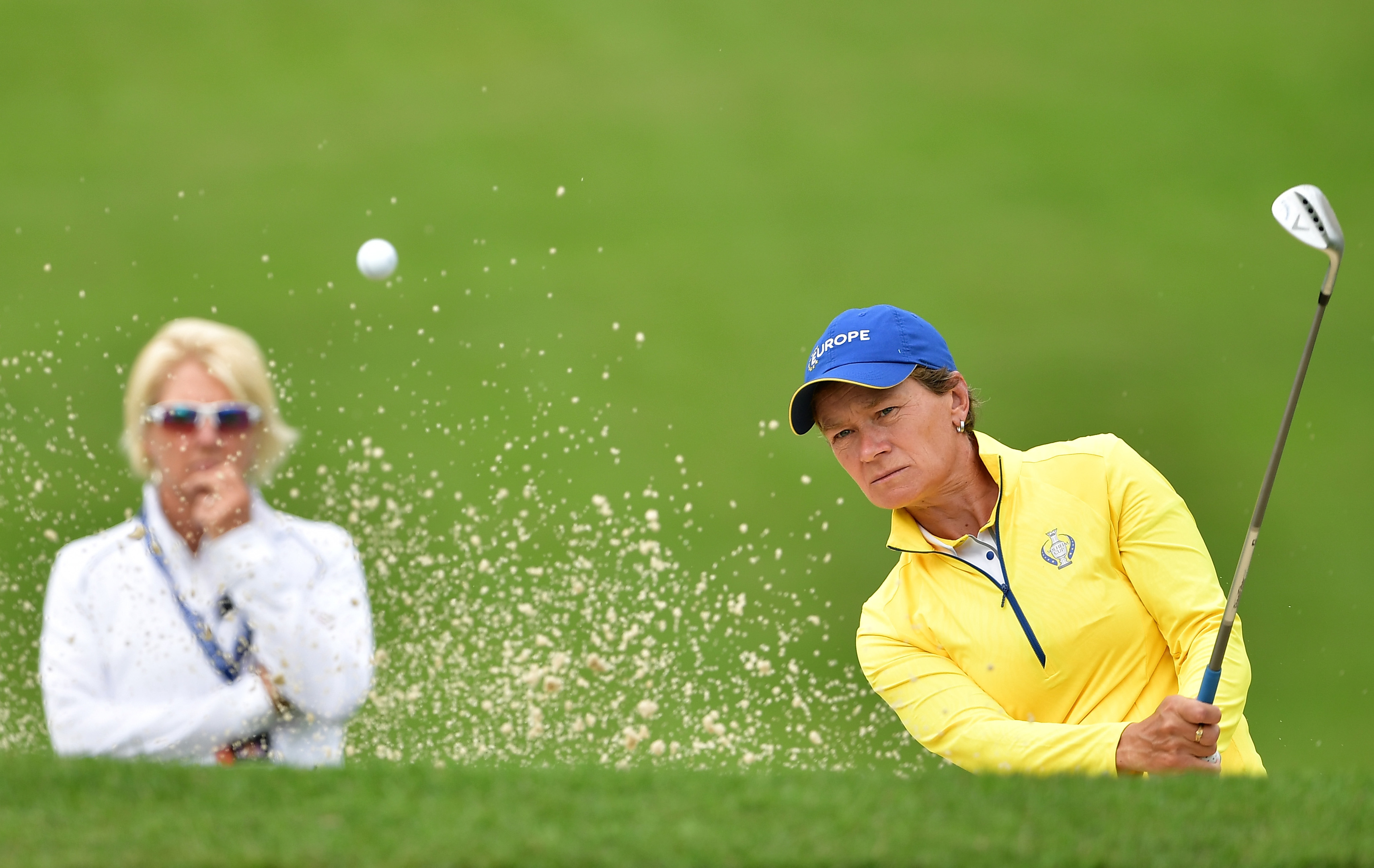 Kathryn Imrie keeping a close watch on her friend Catriona Matthew during practice for the Solheim Cup at the Des Moines Country Club.