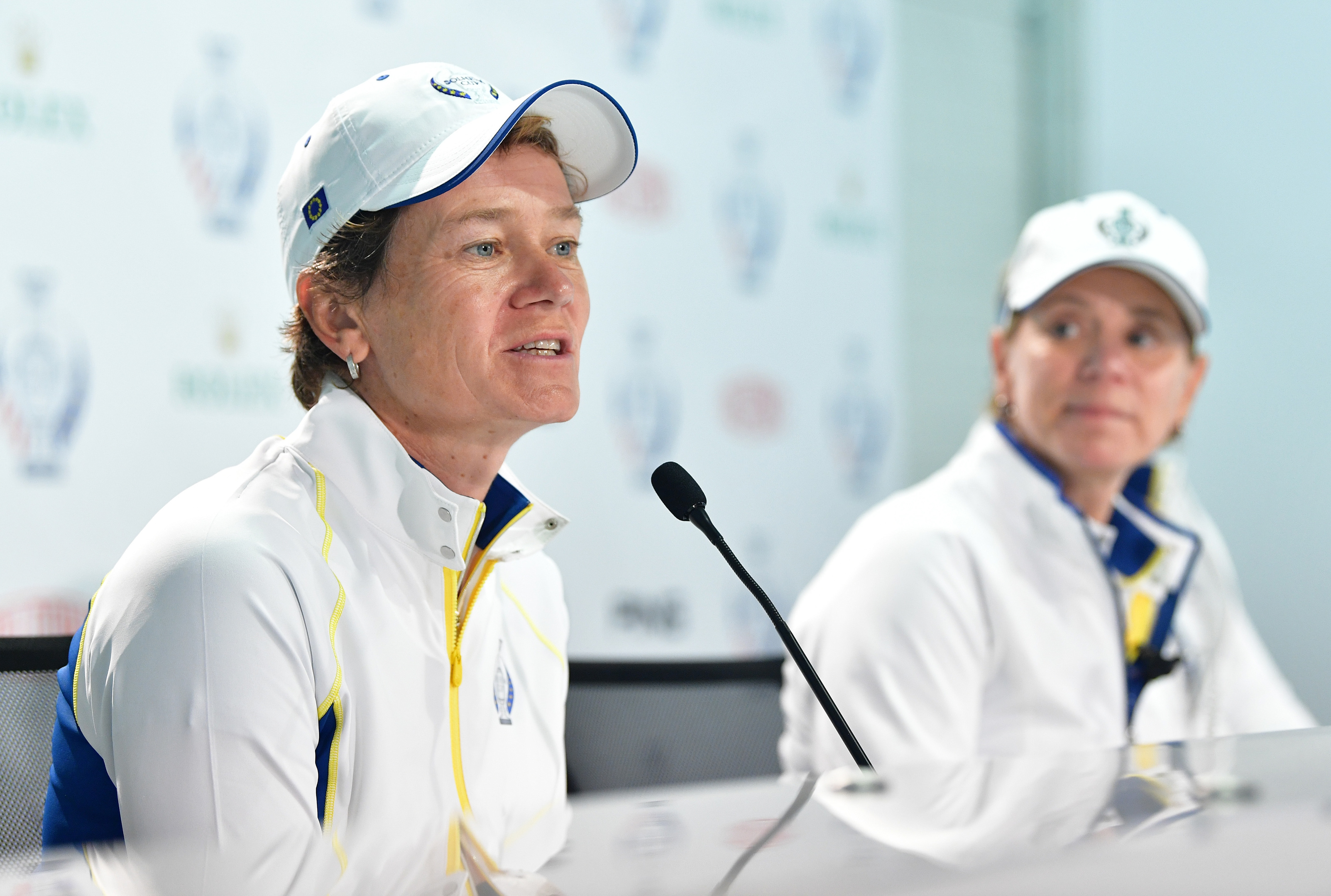 Catriona Matthew, wtached by skipper Annika Sorenstam, speaks to the media after being called into the European team for this week's Solheim Cup.