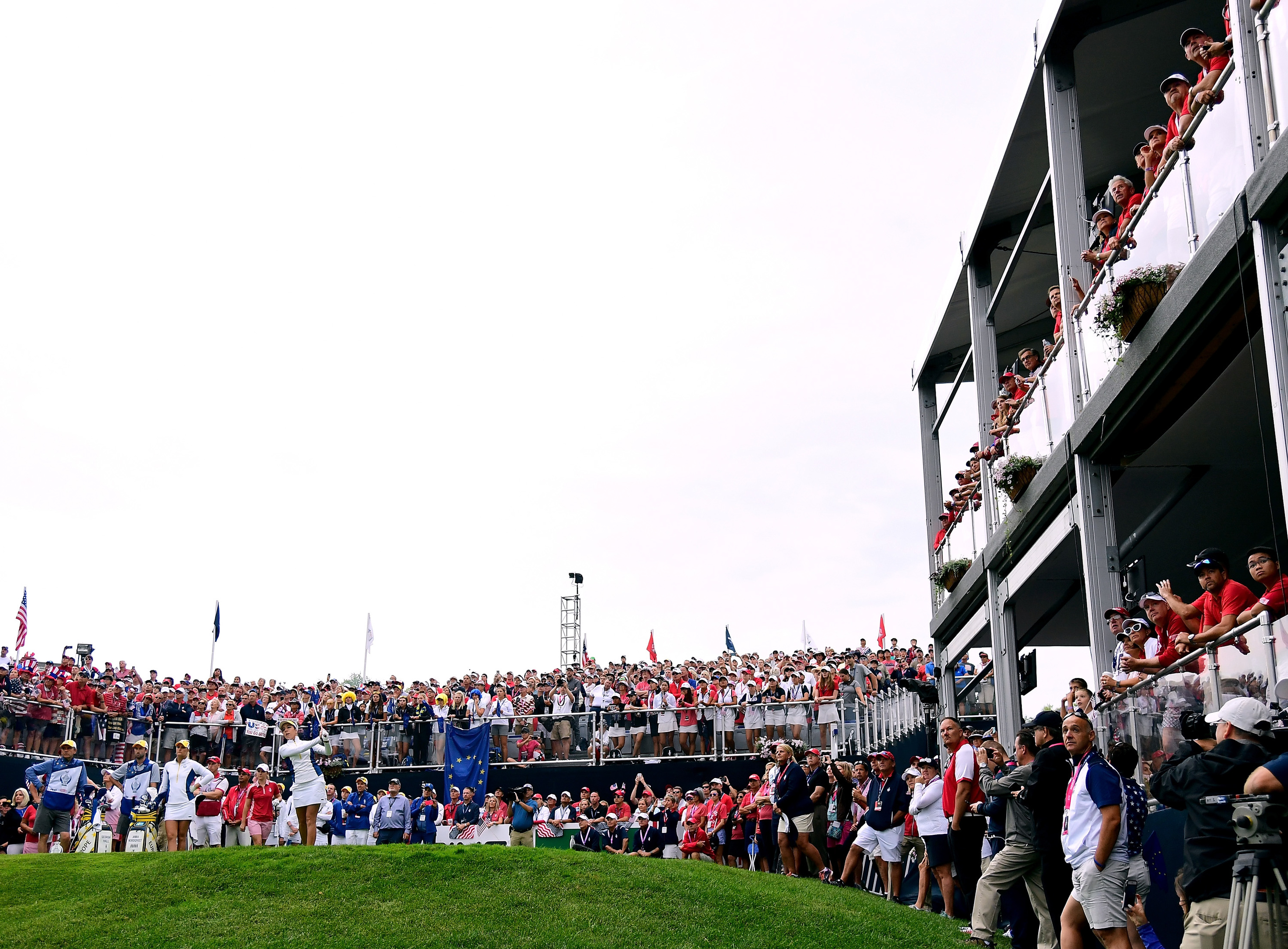 Georgia Hall hits her tee shot on the first hole during the morning foursomes matches of the Solheim Cup.