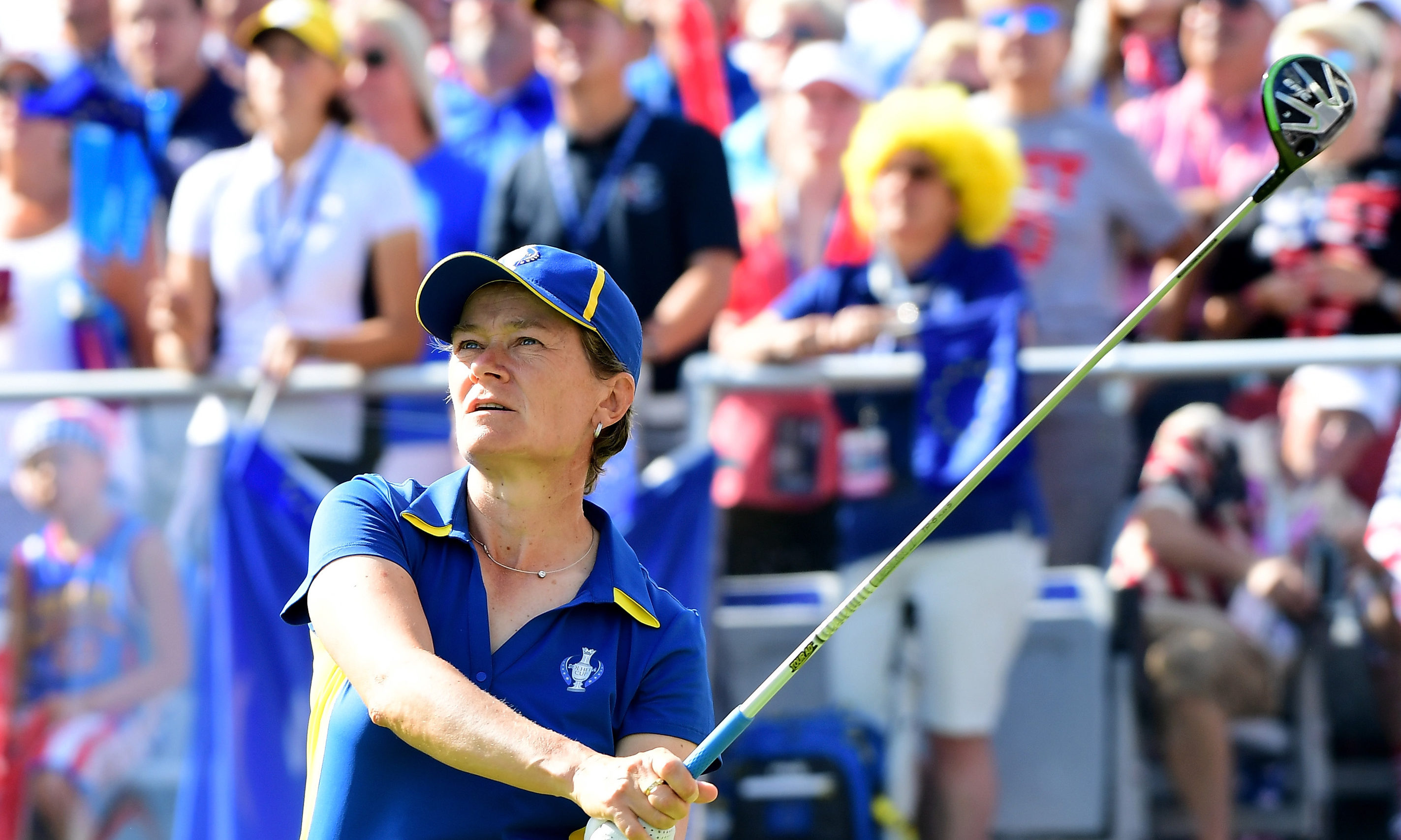 Catriona Matthew watches her opening tee shot during the final day singles at the Solheim Cup in 2017.