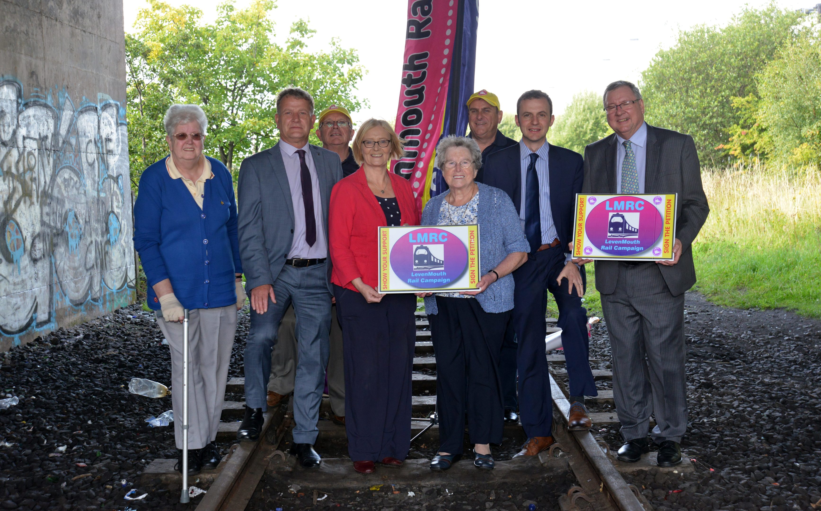 Allen Armstrong (third from right) with other campaigners calling for a rail link.