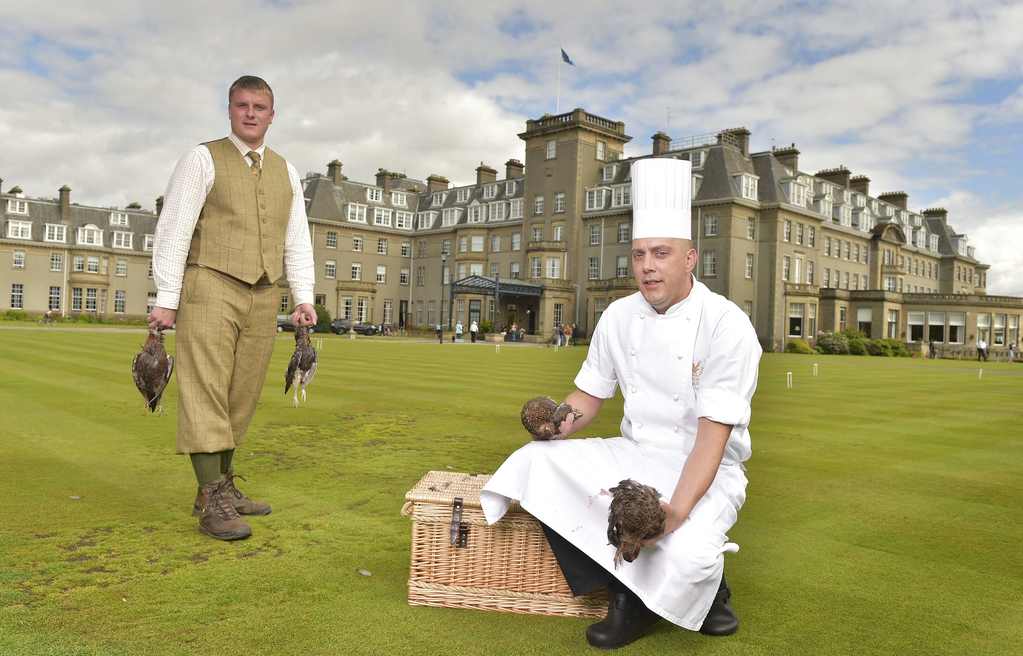 Gleneagles Hotel shooting instructor Nick Raby with Jonathan Wright executive sous chef.