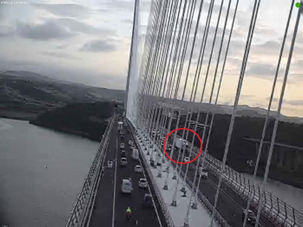 Traffic Scotland image showing the first breakdown on the Queensferry Crossing at about 7am in the morning.