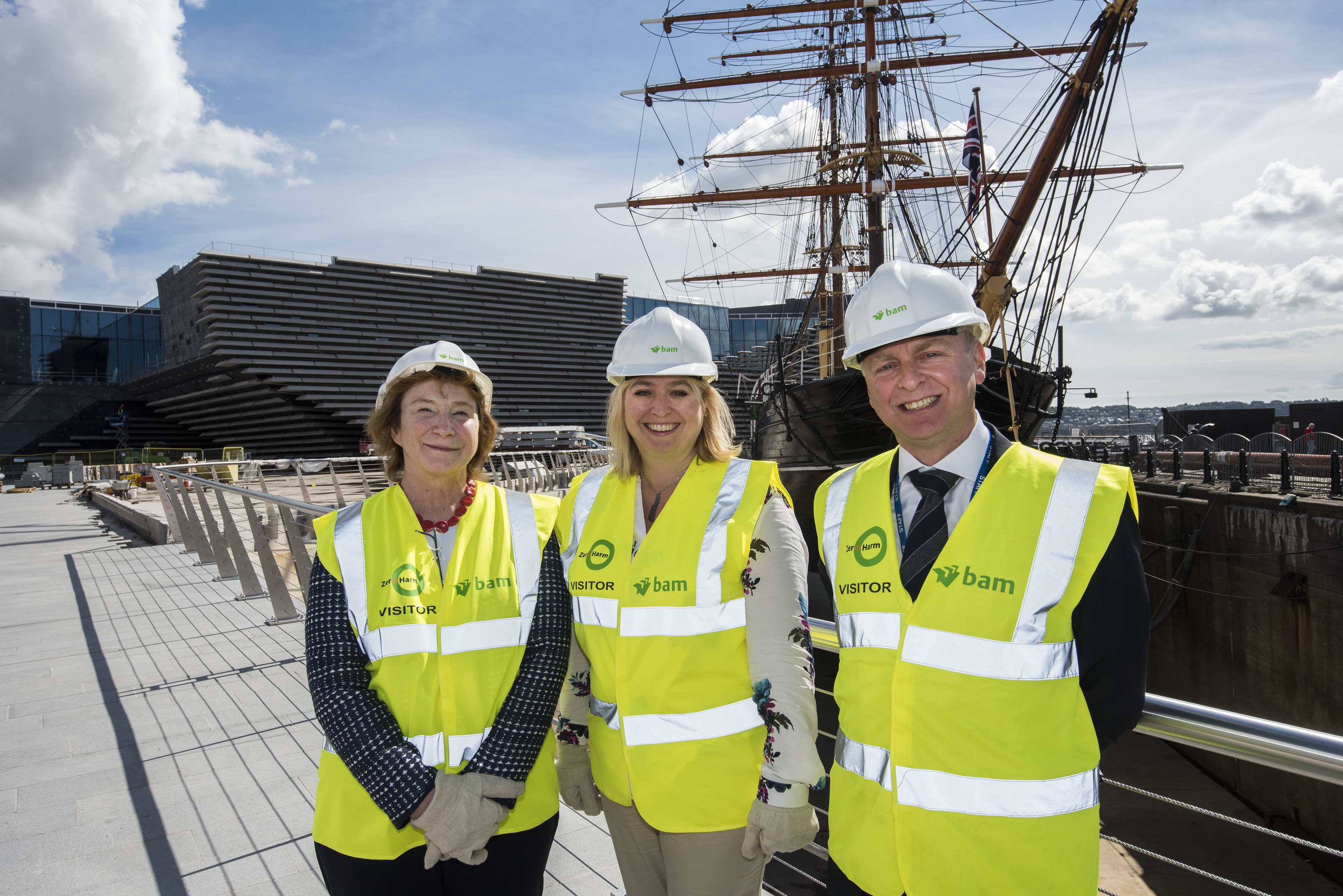 Karen Bradley MP, Secretary of State for Digital Culture Media and Sport tours the V&;A Dundee construction site with Philip Long  and Lesley Knox, chairman of the board of The V&A Museum.
