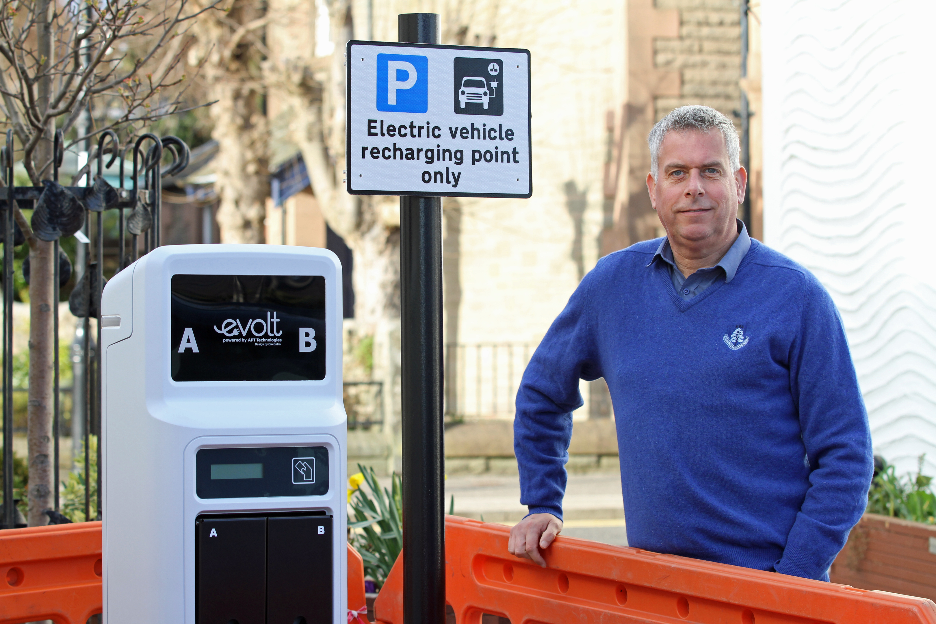 Carnoustie Councillor Brian Boyd at an electric charging point at former Fairways garage in Carnoustie High Street.