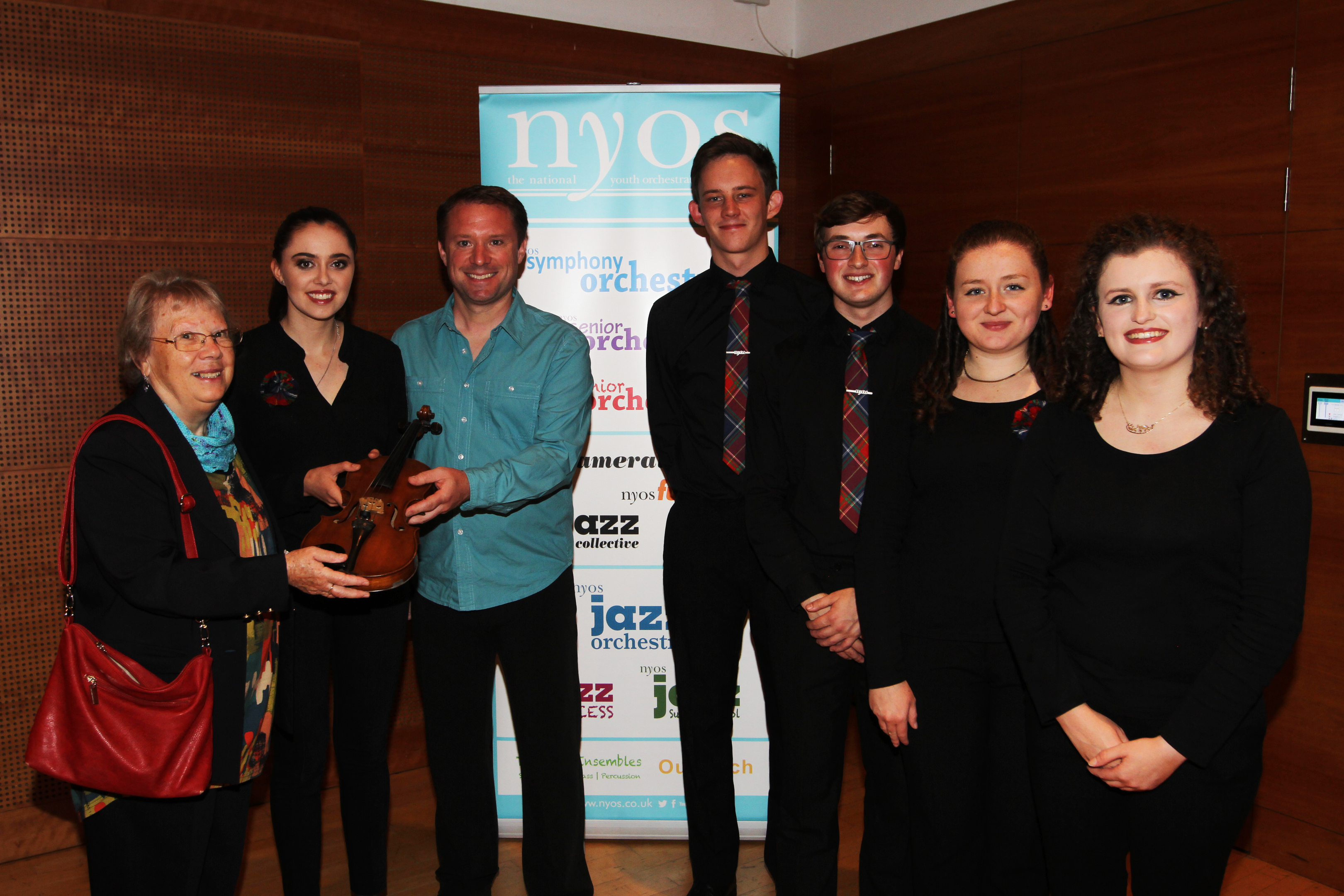 Elizabeth Currie, leader of NYOS Iona McDonald, Percussionist Colin Currie and members of NYOS, Ethan Skuodas, 19, Fraser Sharp, 20, Lauren O'Malley, 19 and Paula O'Malley, 20.