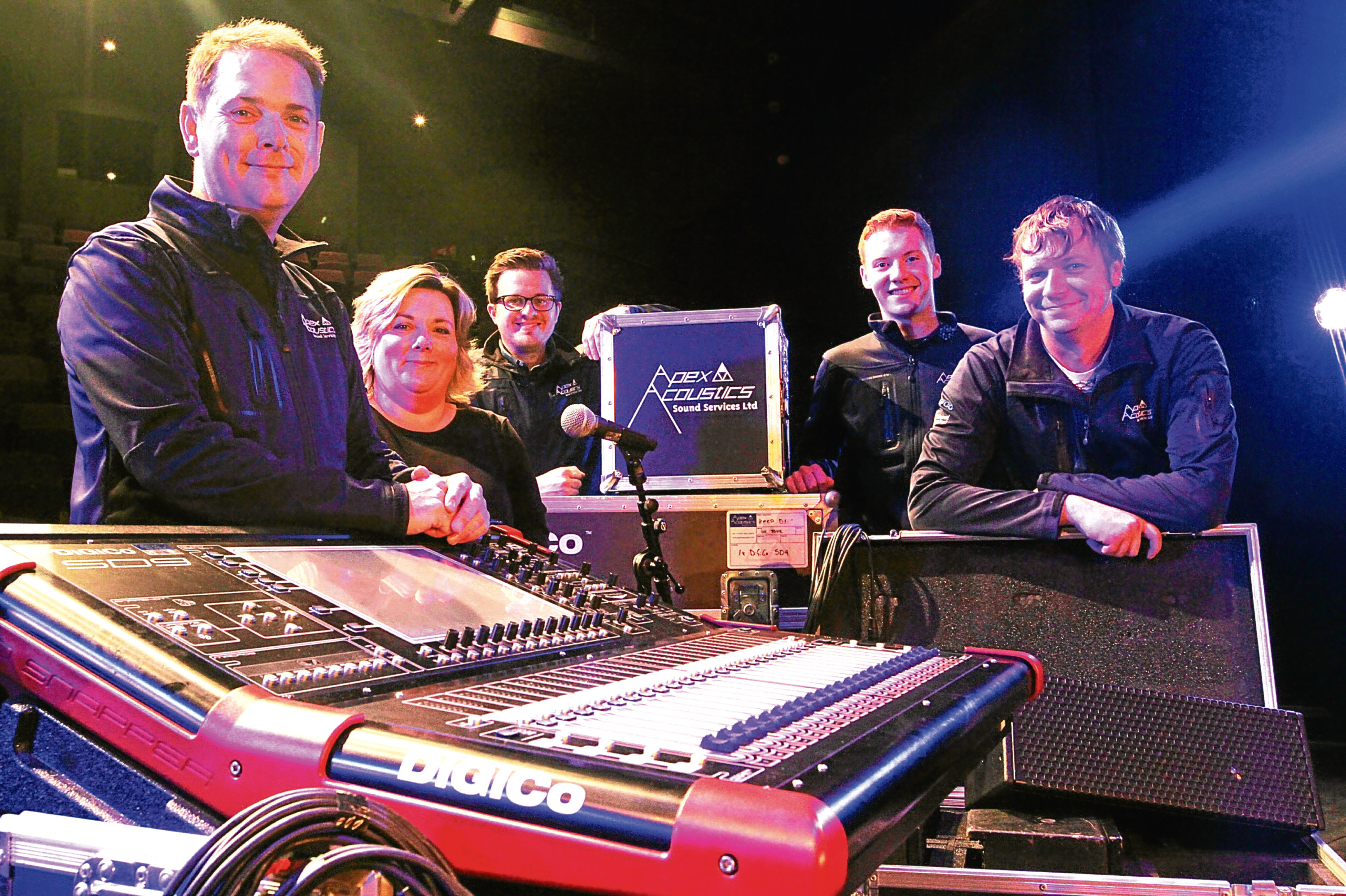 Apex Acoustic's director Paul Smith, admin Louise Price, project manager Sean Quinn, sound engineer Chris Combe and technical manager Scott McGurk.