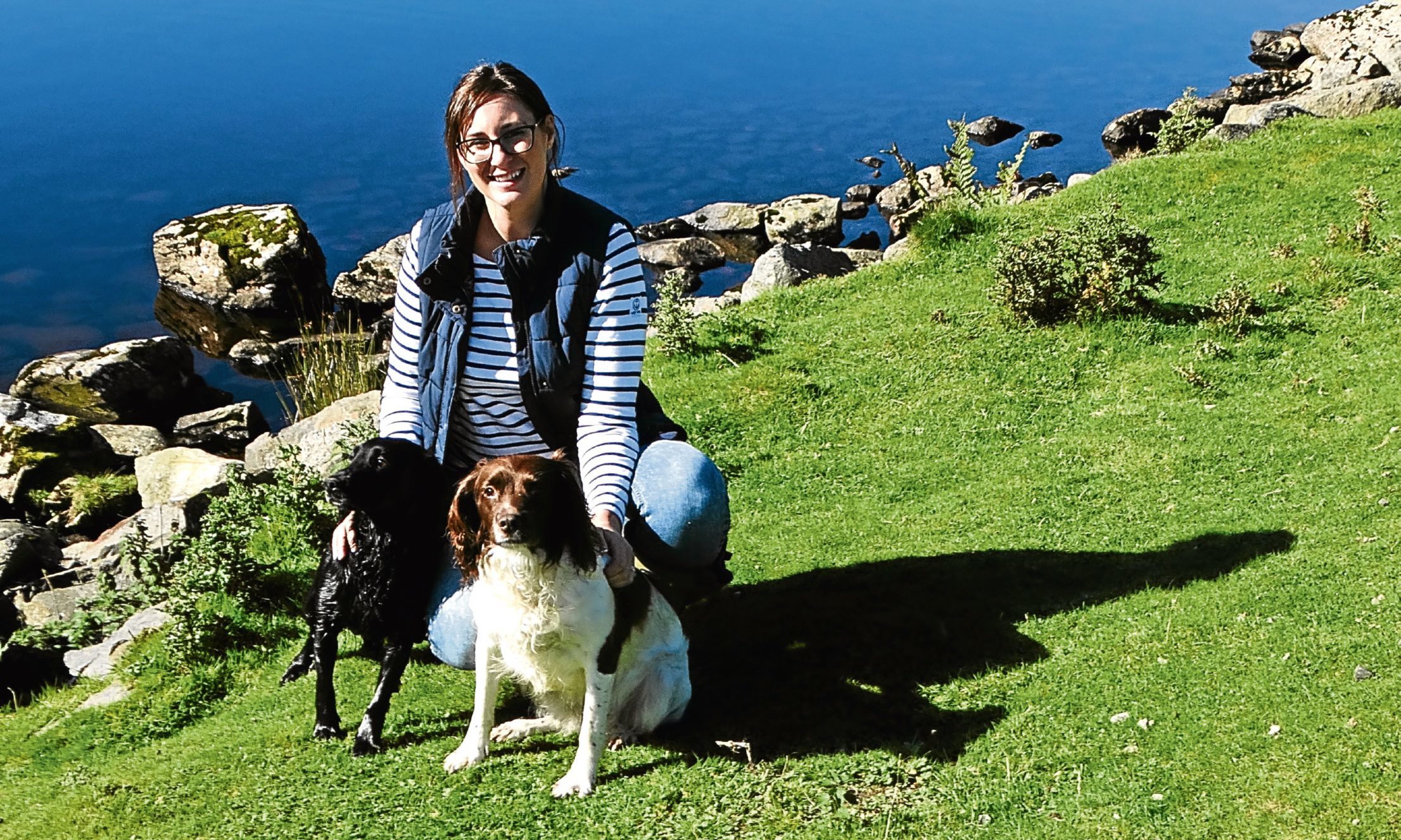 Lianne with Nelly and Emba beside Loch Lee, Glenesk.