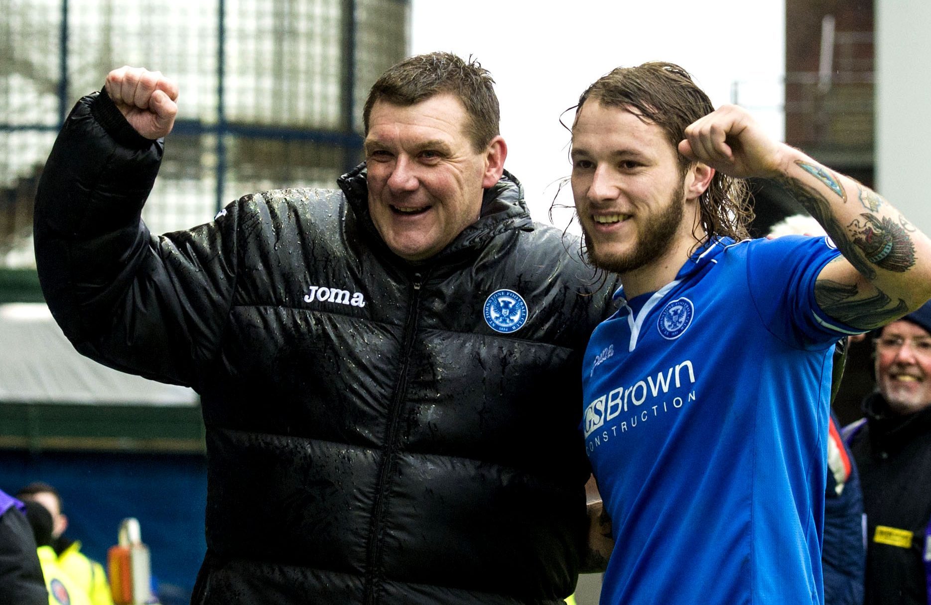 Stevie May and Tommy Wright celebrate their Scottish Cup semi-final win.