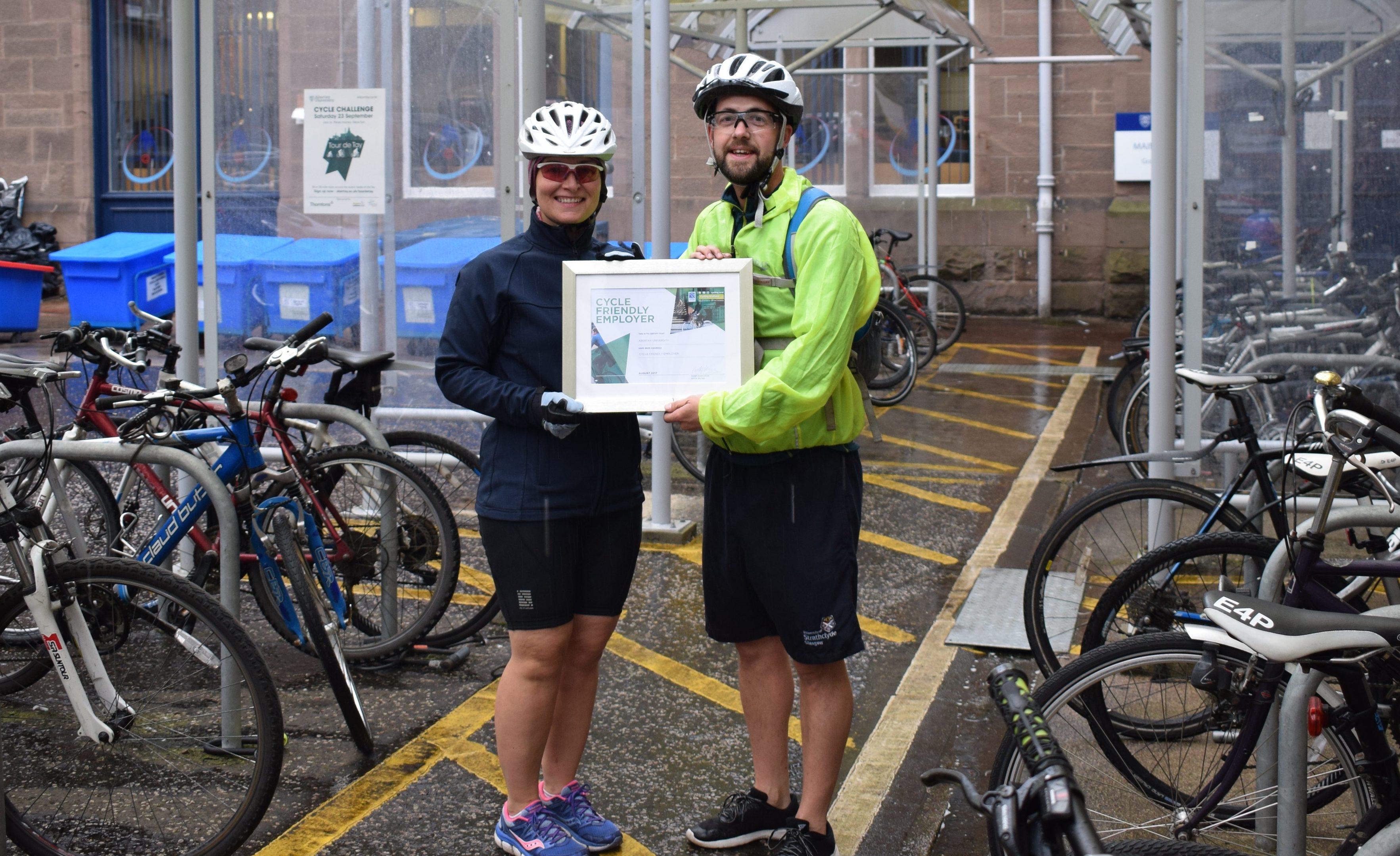 Business continuity and safety co-ordinator Shonagh McAlpine, and Dundee Academy of Sport teaching fellow Iain Stewart with the Cycling Scotland certificate.