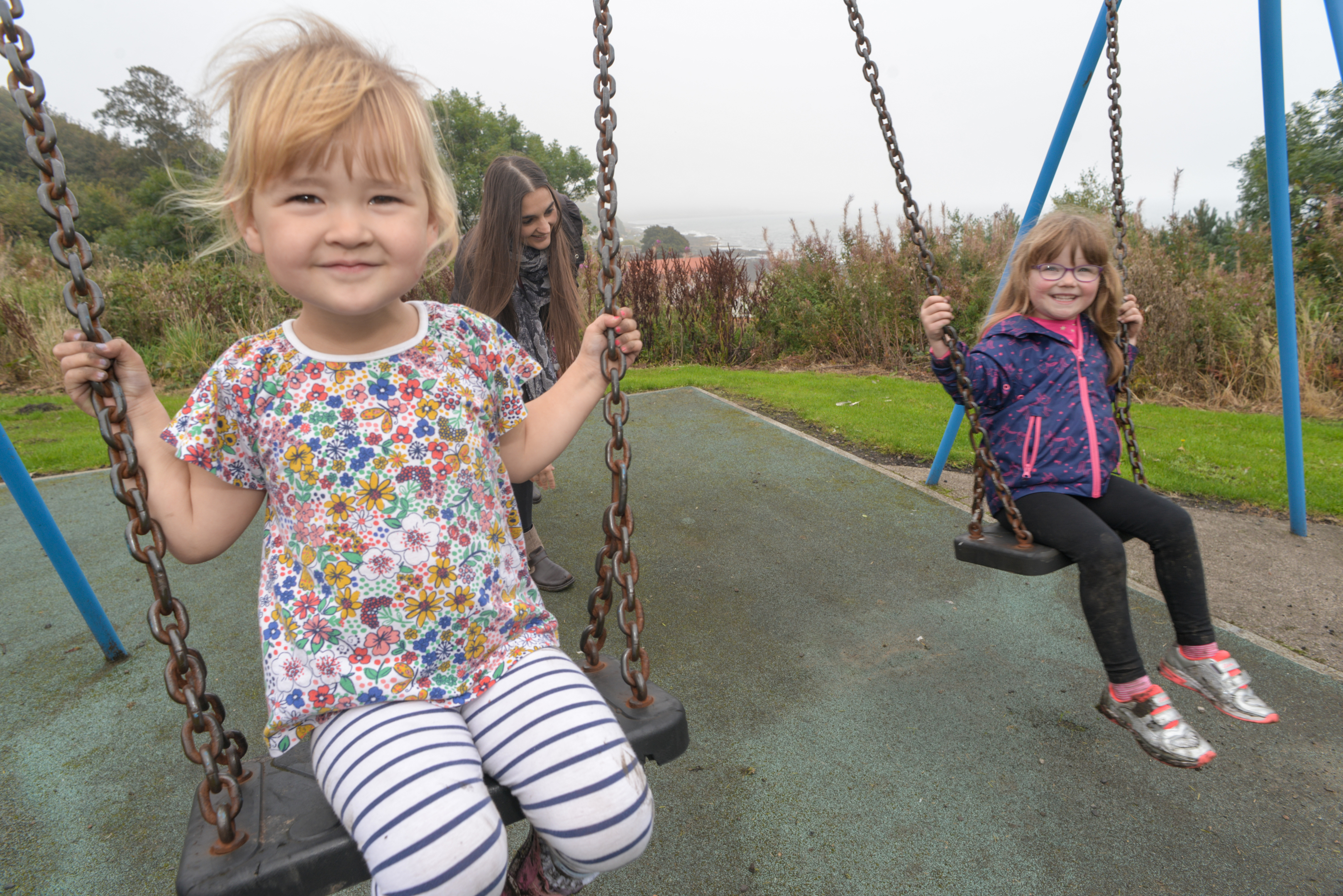 Sharon Walker at East Wemyss play park with four-year-olds Pearl and friend Melody.