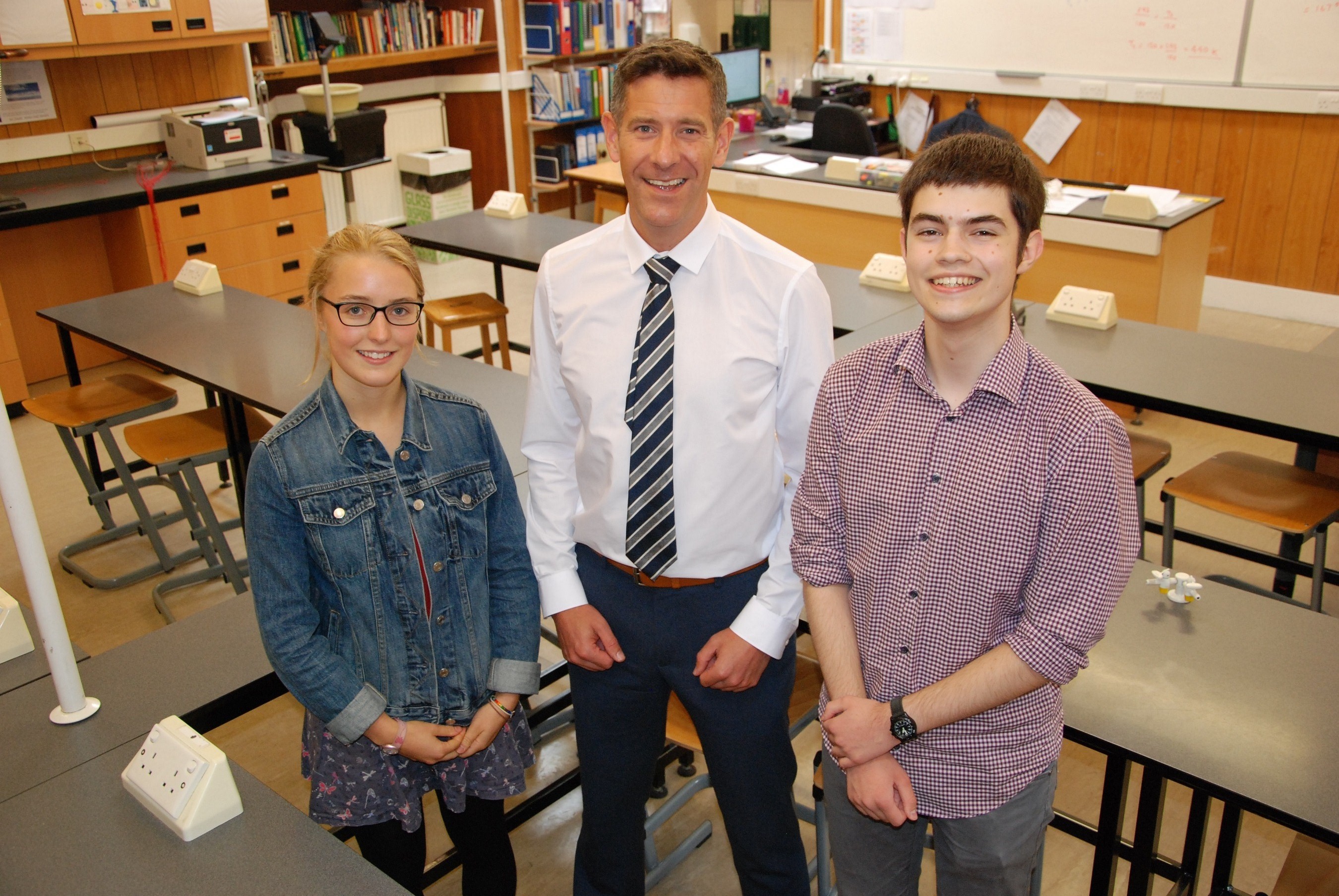 Elle Wyatt, head of Physics Jamie Darby and Ivan Kapelyukh.