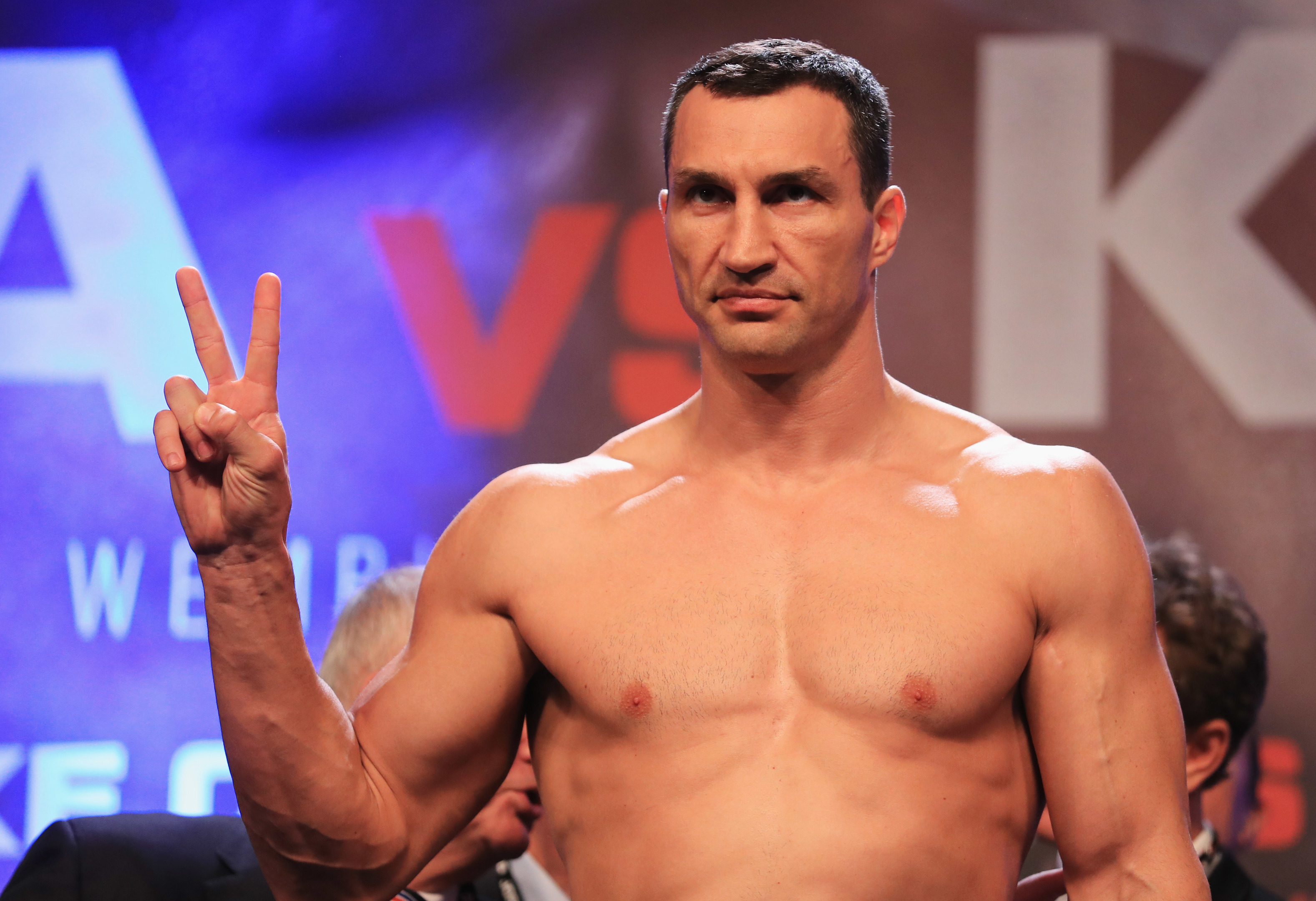 Wladimir Klitschko poses during the weigh-in prior to the Heavyweight Championship contest against Anthony Joshua at Wembley Arena.