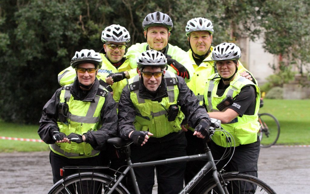 Longhaugh police station team,cycling to raise money for the Mill O Mains Pavilion: PC Dave North, PC Neil Robertson, PC Amanda Watson, PC Lyndsey Mackie, PC Marc Sime & PC Richard Heggie