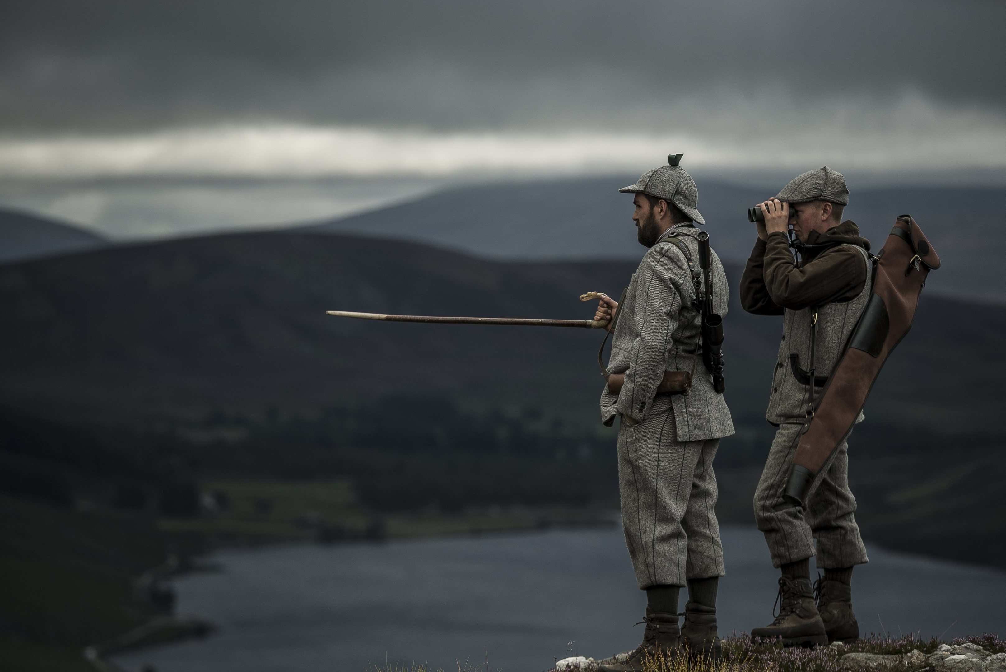 Invermark gamekeepers Callum Low and Iain Robb wearing the estate tweed