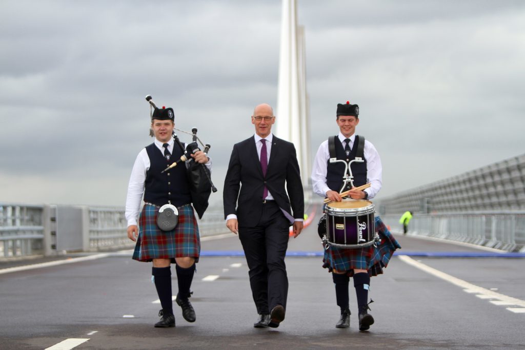 John Swinney MSP with Cameron Venters and Gregor Drury from Burntisland and District Pipe Band (and Inverkeithing High School)