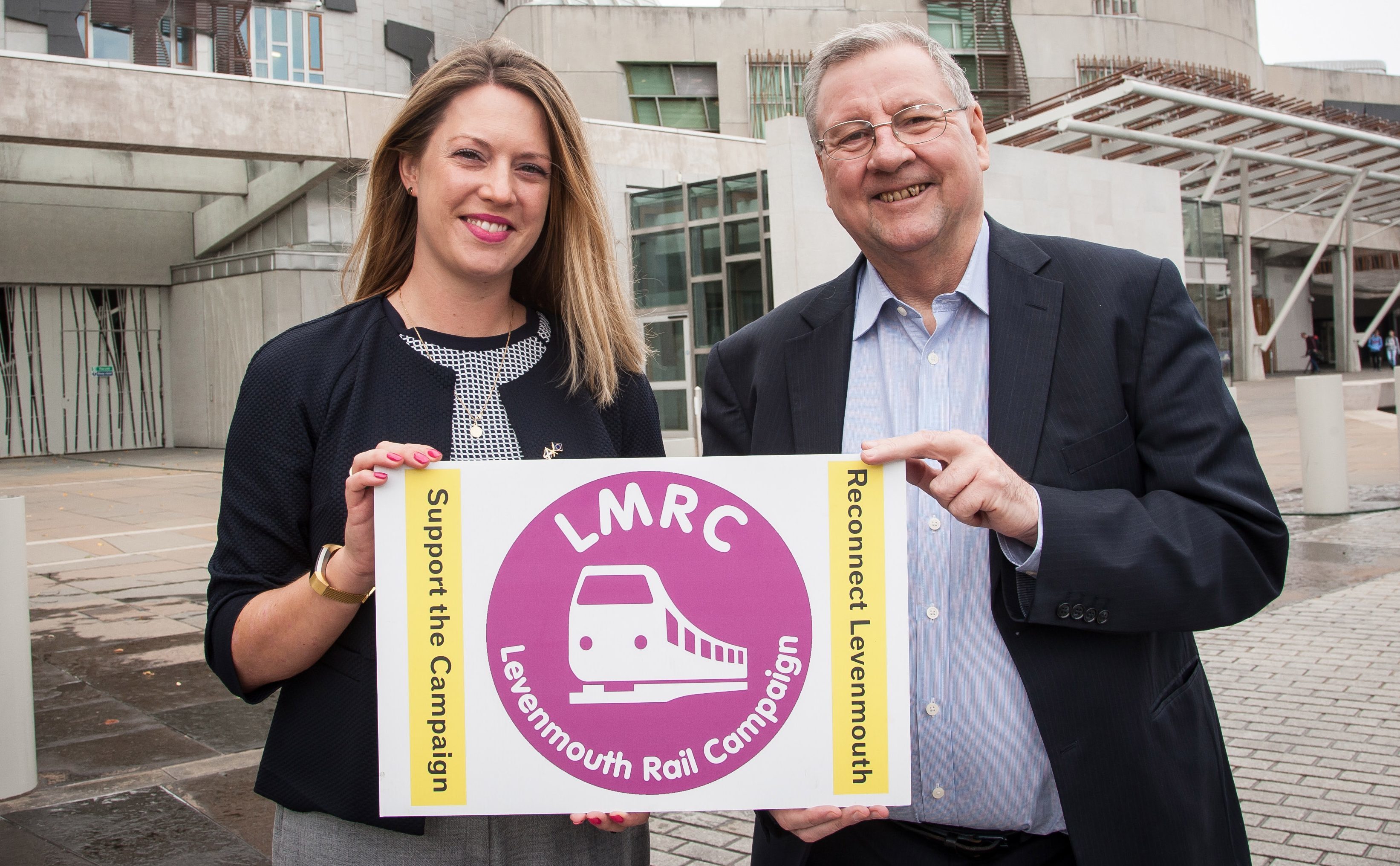 Eugene Clarke with Jenny Gilruth MSP, who spoke in support of the rail campaign in parliament