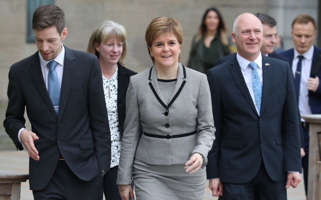 First Minister Nicola Sturgeon with Dundee City Council leader John Alexander and MSPs Shona Robison and Joe FitzPatrick at the Caird Hall