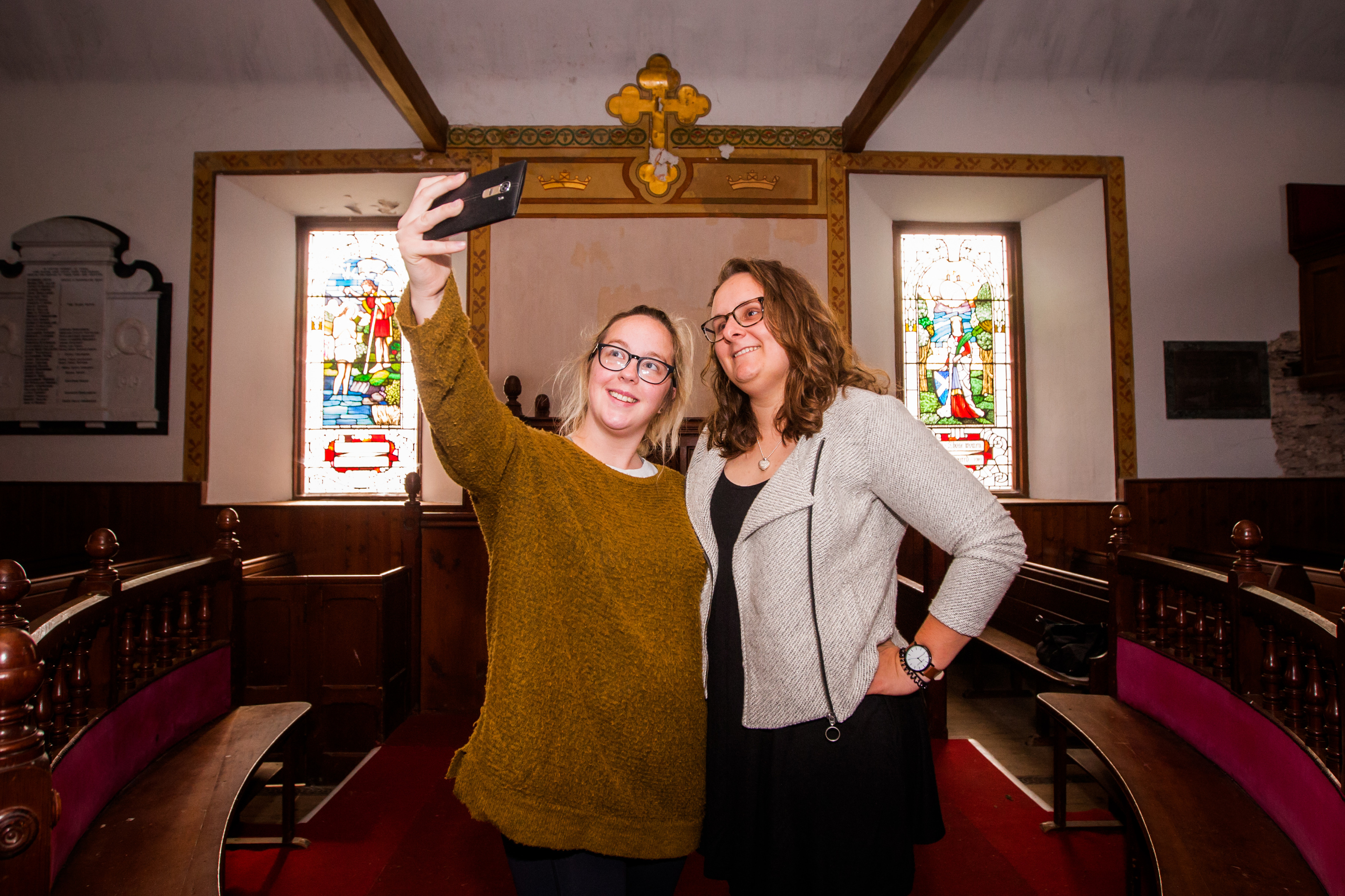 Cousins Ashely Jack (left, from Luncarty) and Taylor Clark (right, from Perth, Australia) taking a selfie at the site of one of their favourite TV shows. Outlander was filmed in Tibbermore Church,