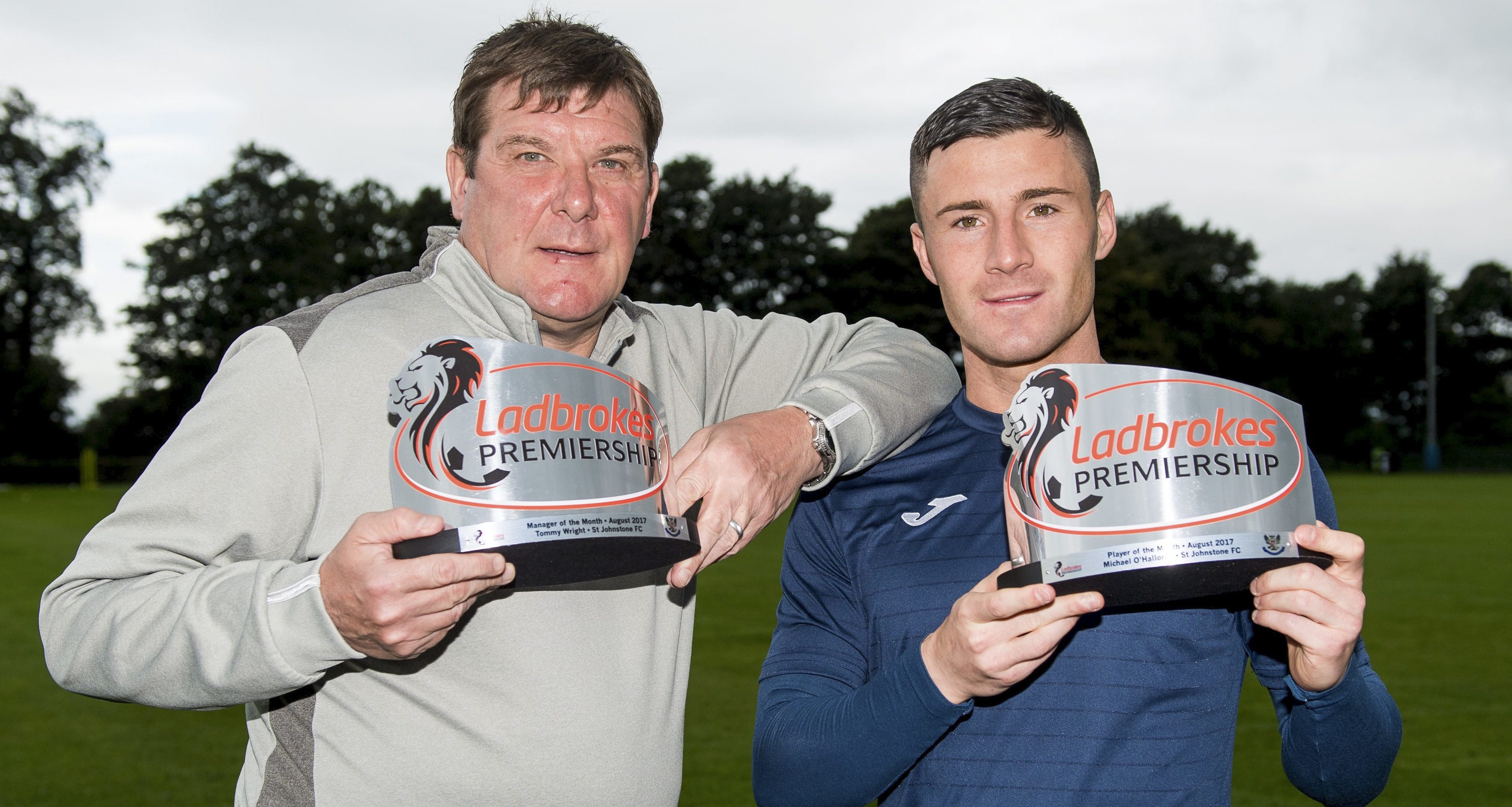 St Johnstone manager Tommy Wright (left) and striker Michael O'Halloran receive the Ladbrokes Premiership Manager and Player of the Month awards for August.