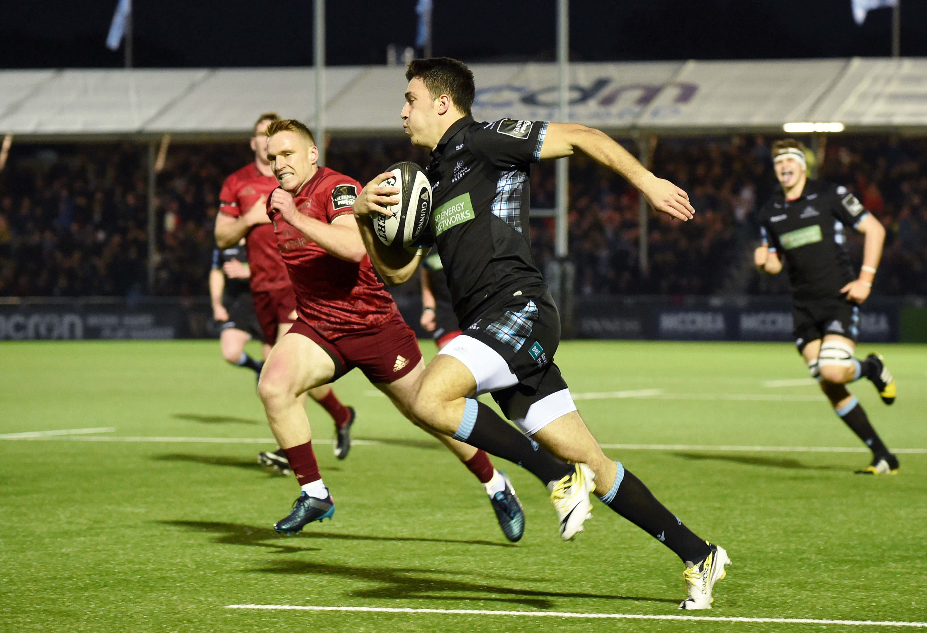 Leo Sarto runs in to score Glasgow's early try against Munster at Scotstoun.