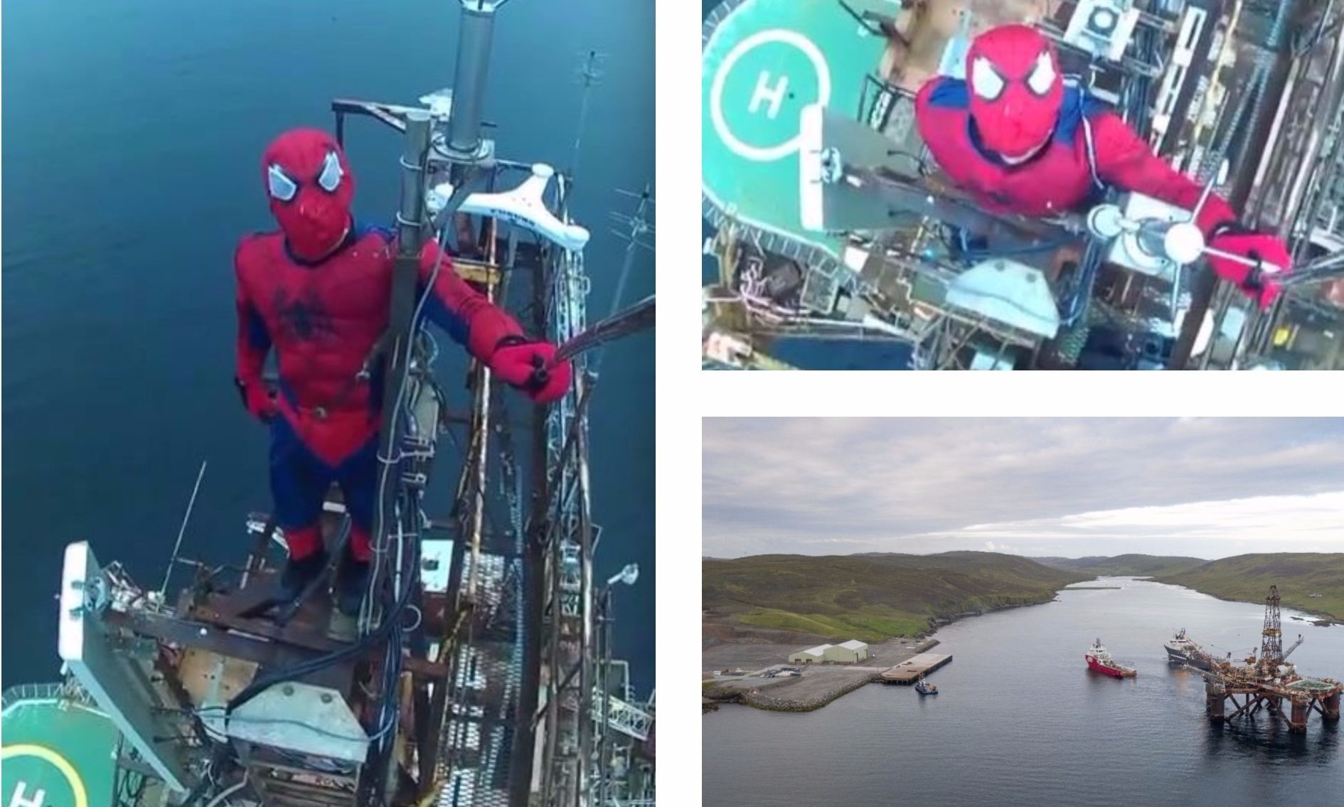 Stills showing the man dressed as Spidey at the top of the Buchan Alpha