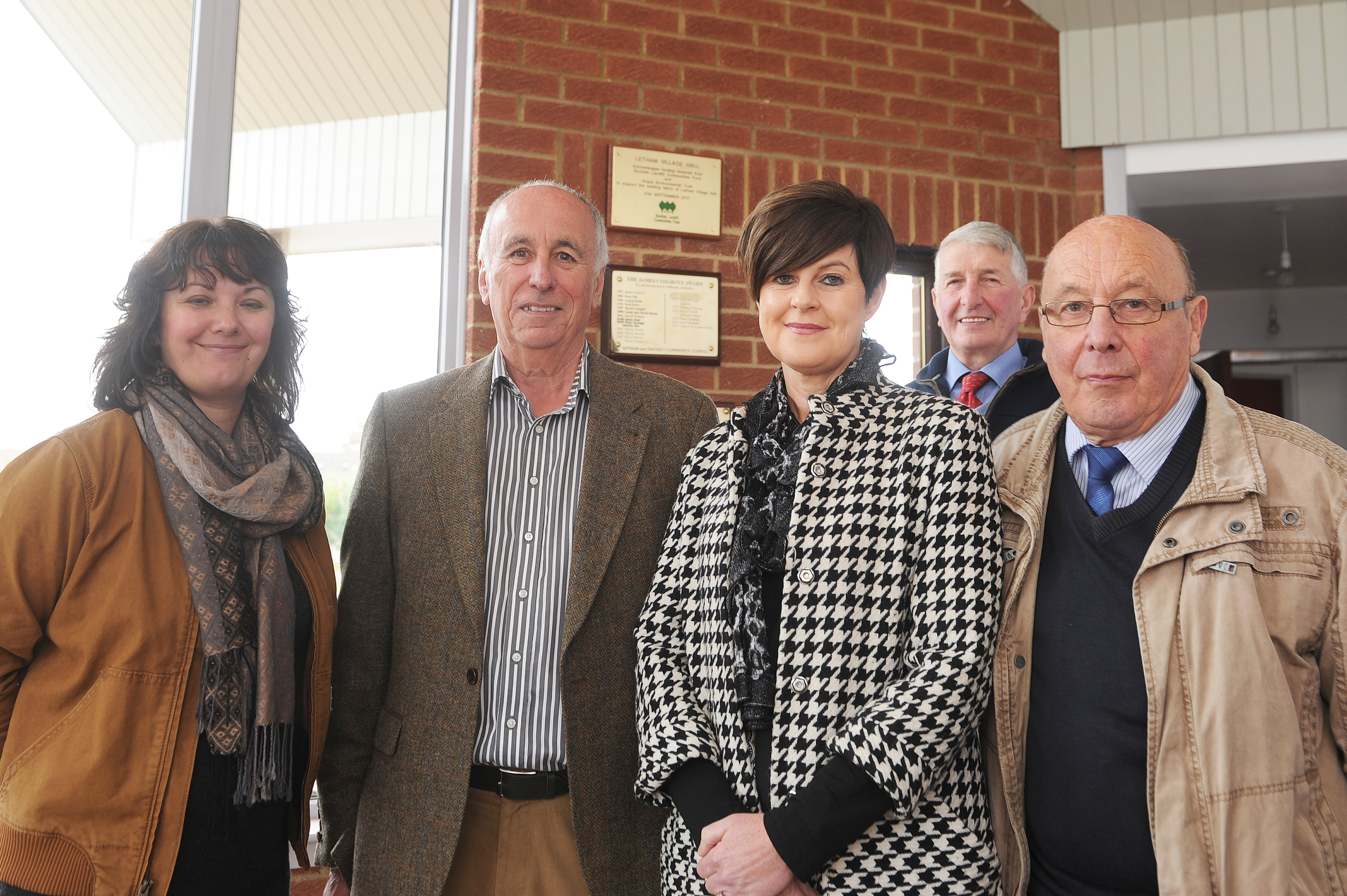 l to r - Kelly Ann Dempsey (Director Angus Environmental Trust), Dave Page (Chairman Letham Village Hall Committee), Alison Smith (Director Angus Environmental Trust), Tom McLung (cq) (Village Hall Committee member) and Gordon Mitchell (Trustee)