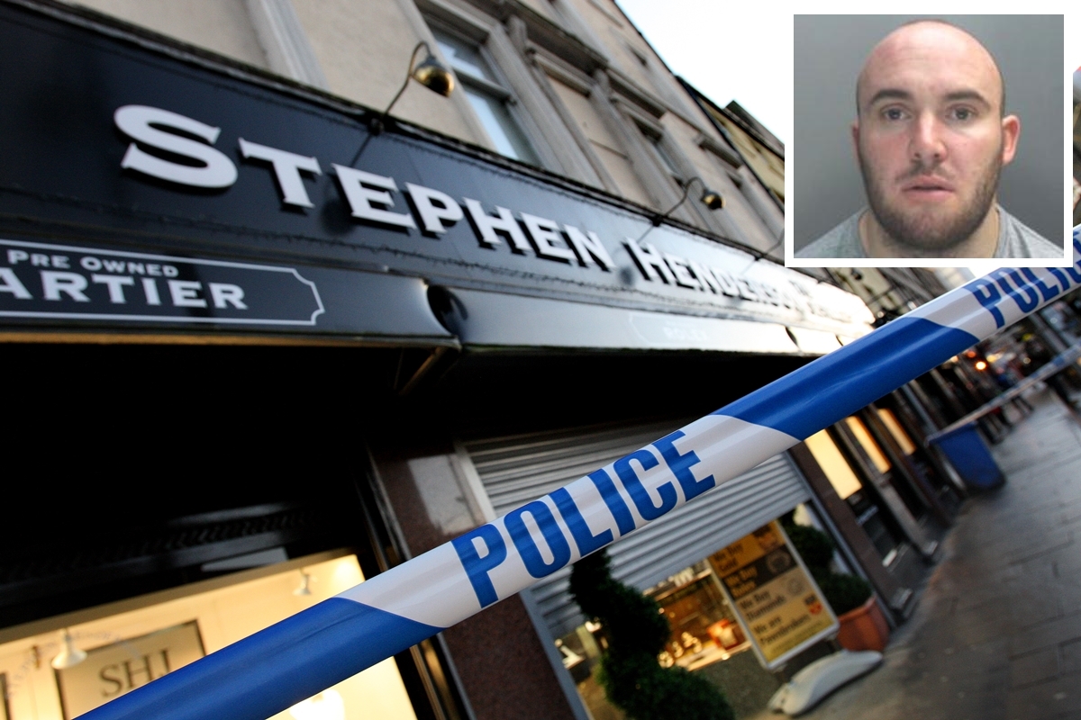 Police tape up outside Stephen Henderson the Jewellers after the raid by Michael Walker (inset) and an accomplice.