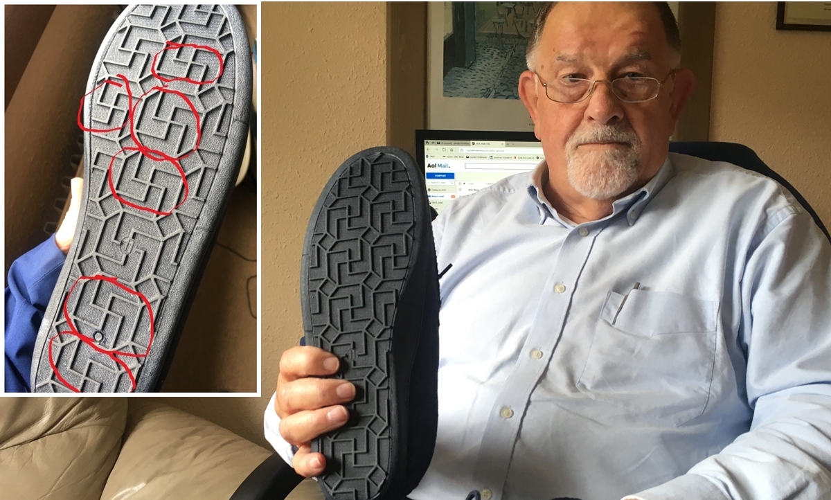 Mr Purdie and the slippers he claimed contain Nazi symbols.