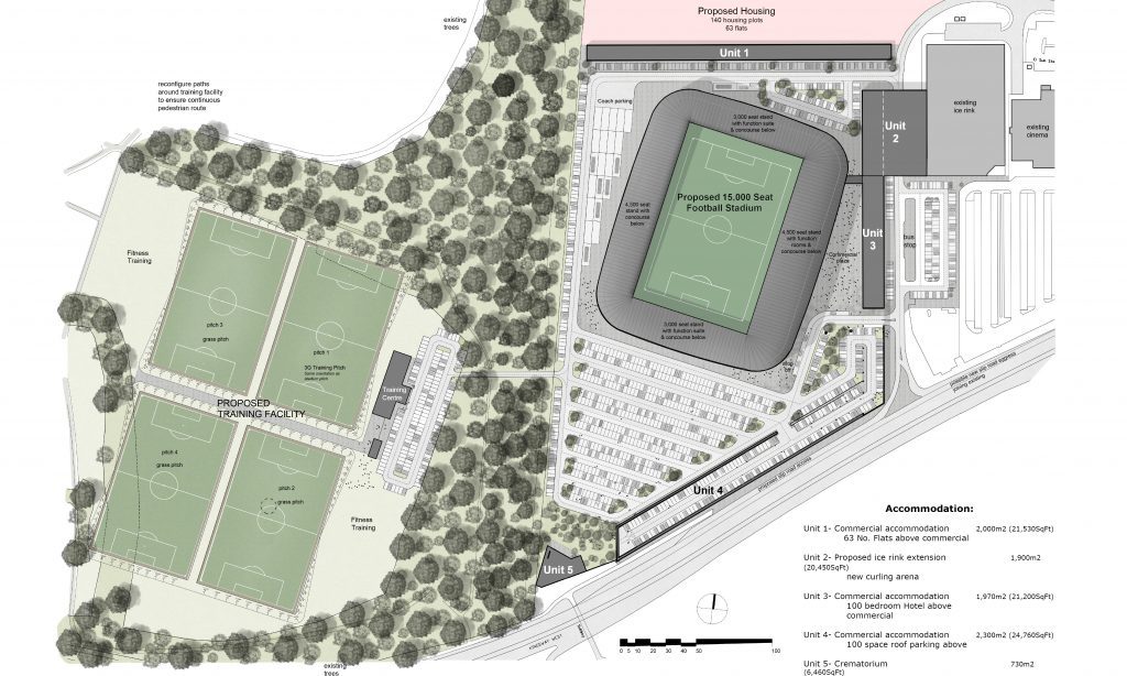 The suggested layout of Dundee FC's proposed new stadium at Camperdown.