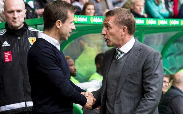 Neil McCann, left, with Celtic boss Brendan Rodgers.