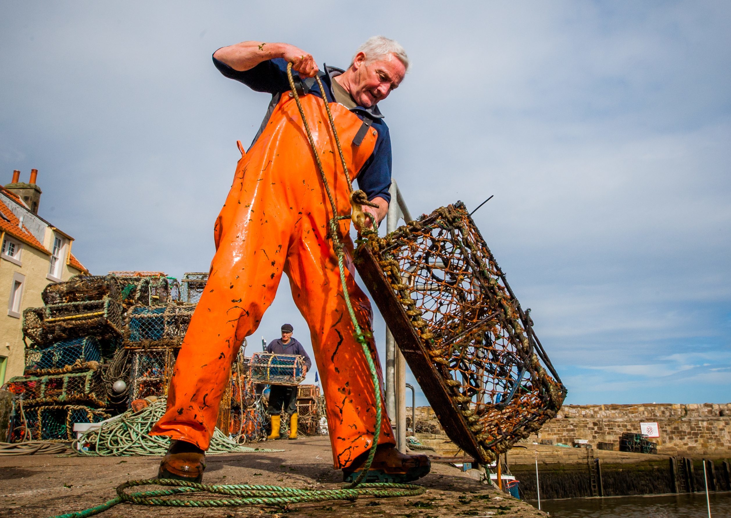 Fisherman Dave Martin hauling creels from the boat Brothers in Arms at St Andrews Harbour