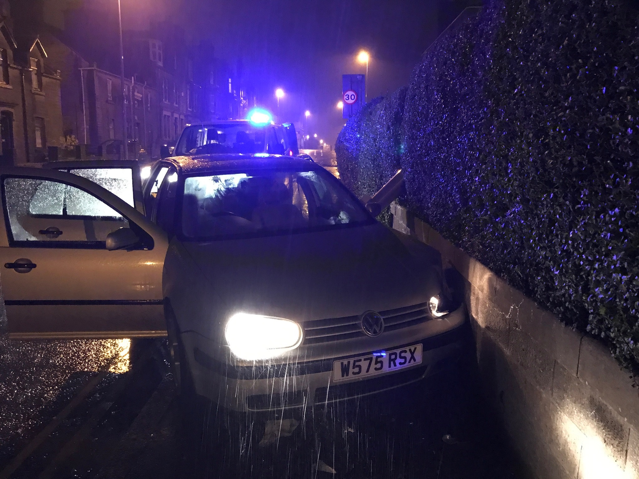 The silver Volkswagen Golf which ploughed into a lamppost on Thursday.