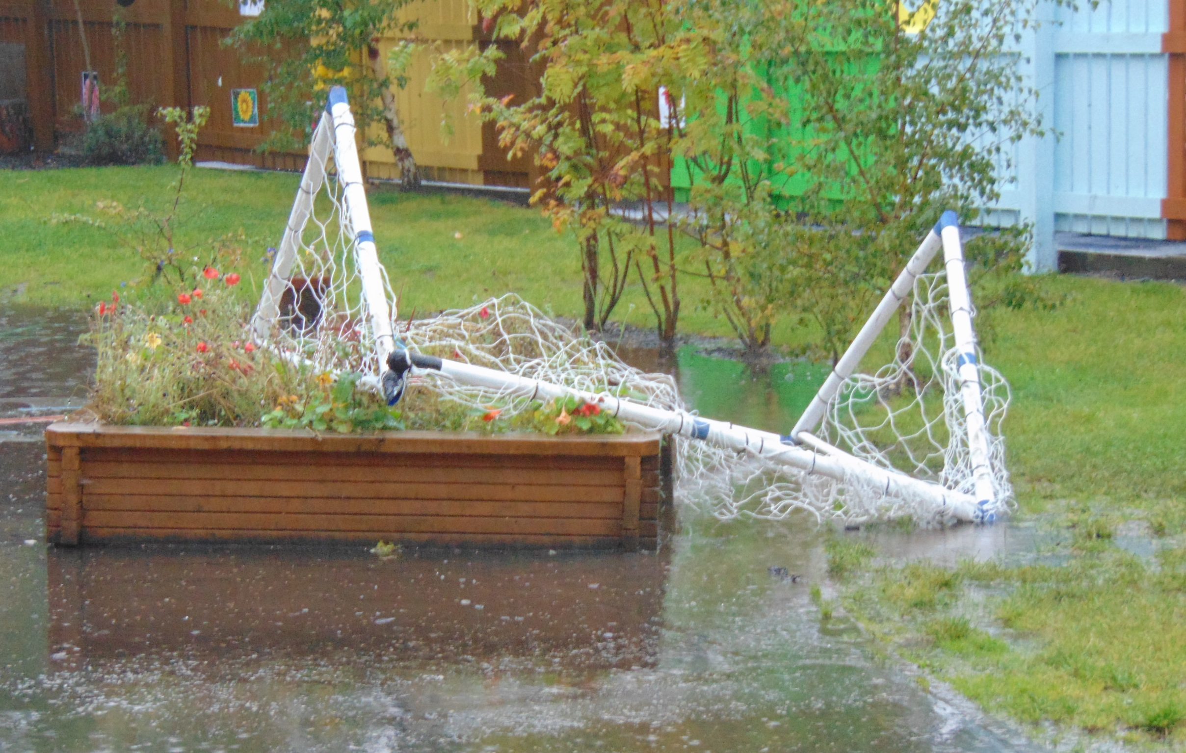 Vandalised football goals at Inch View Nursery School, Perth.