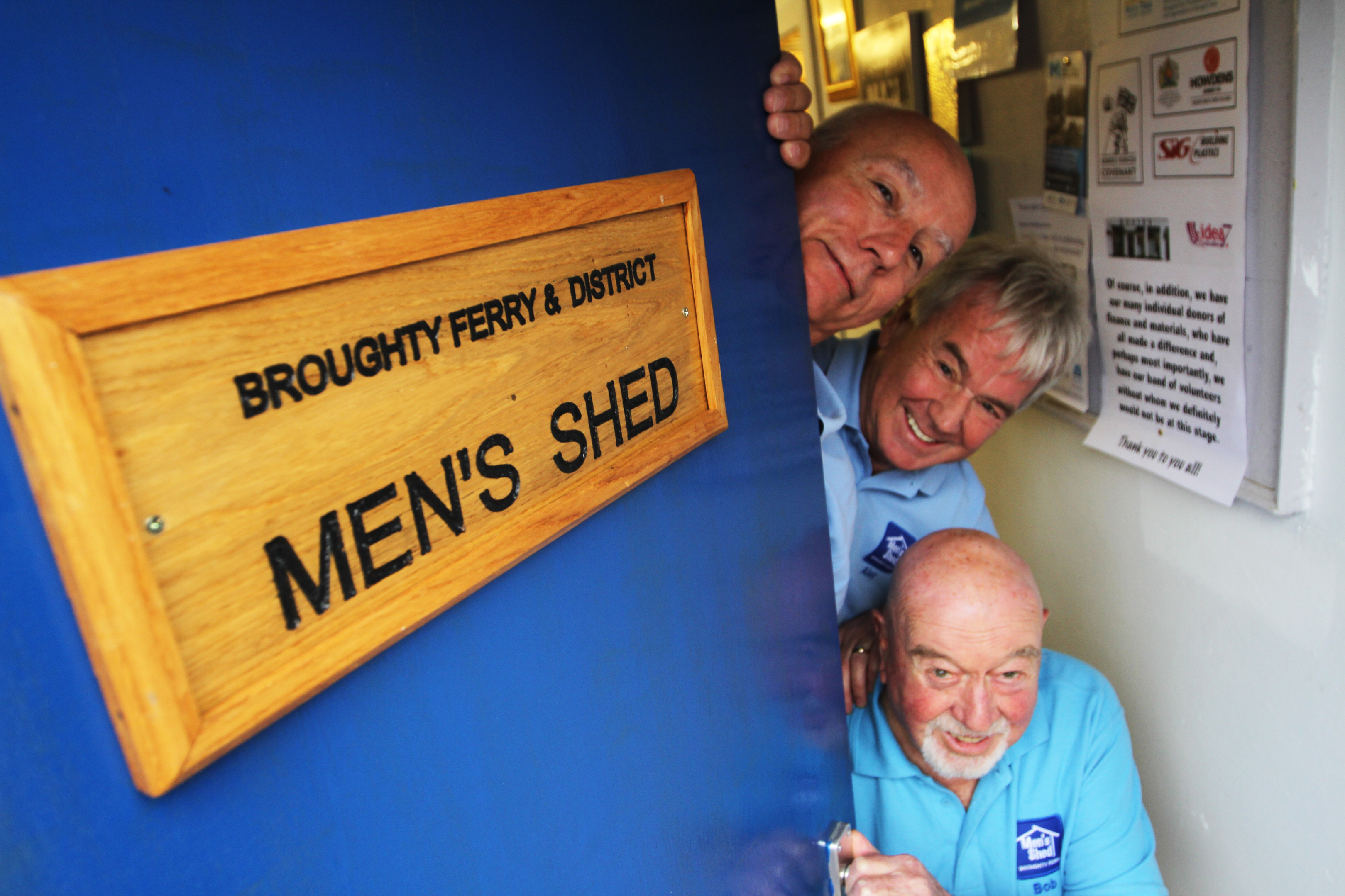 Graham Smith, Alex Harvey and Bob Stewart celebrate the opening of Broughty Ferry Men's Shed.