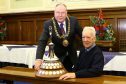 Dundee's Citizen Of The Year 2017, George Roberts, in the city chambers in Dundee with former Lord Provost Bob Duncan and the trophy.