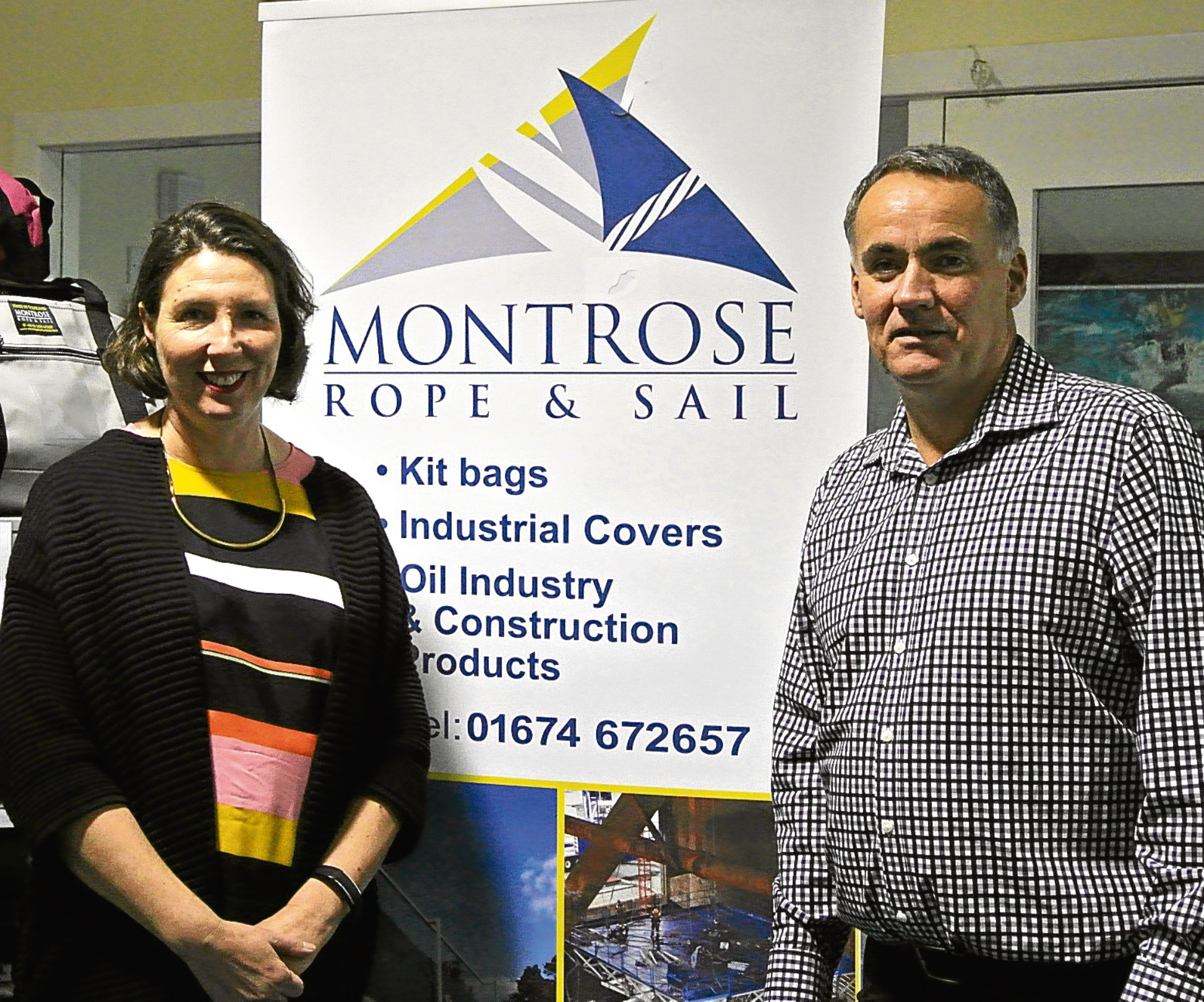 Josie Steed from Robert Gordon Universitys Greys School of Art with Neil Paton, MD of Montrose Rope & Sail.