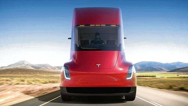 This photo provided by Tesla shows the front of the new electric semitractor-trailer unveiled on Thursday, Nov. 16, 2017. The move fits with Tesla CEO Elon Musk's stated goal for the company of accelerating the shift to sustainable transportation. (Tesla via AP)